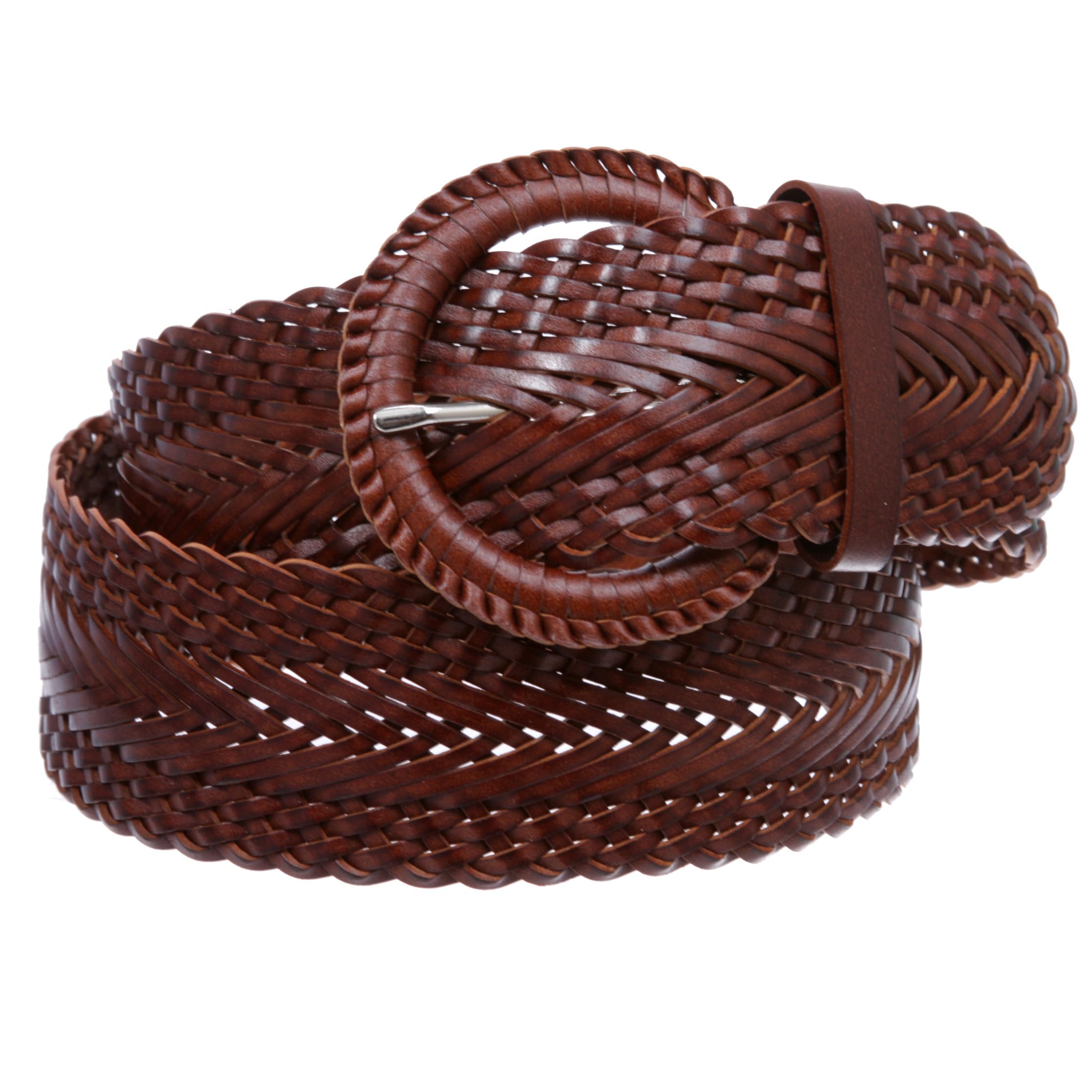 2 Inch Wide Genuine Leather Braided Woven Round Belt, Tan | M/L - 36