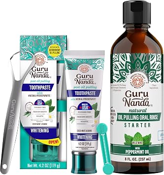 GuruNanda Ayurvedic Smile Essentials Oil Pulling with Coconut & Peppermint & SLS-Free Hydroxyapatite Toothpaste with Neem for Fresh Breath & Gum Care