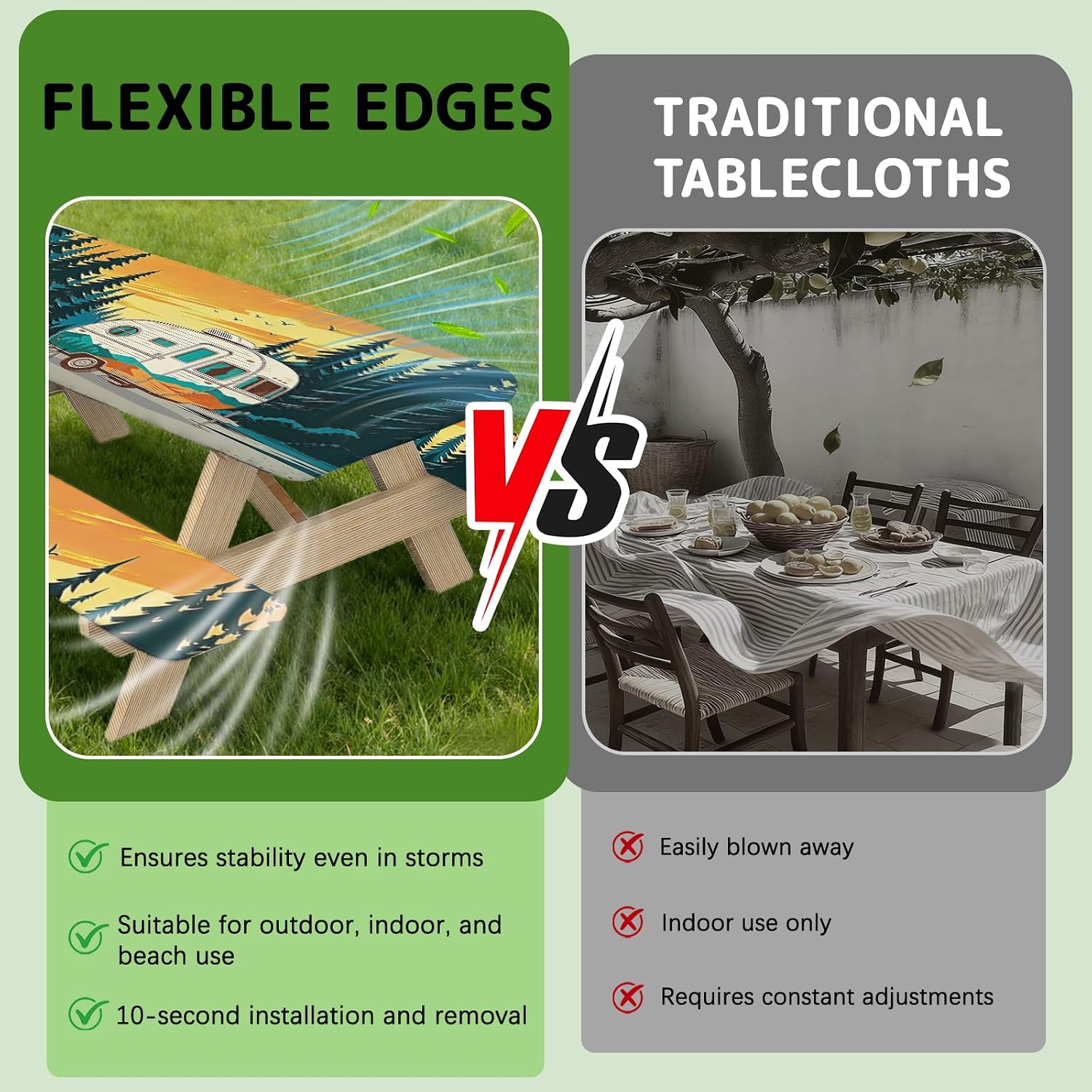 Picnic Table Cover with Bench Covers - Retro Camper Camping Tablecloth, Picnic Table Cloths Reusable Elastic, Outdoor Picnic Table Cloth Cover with Drawstring Bag, Fitted Rectangle Tables & Seats, 72" image 5