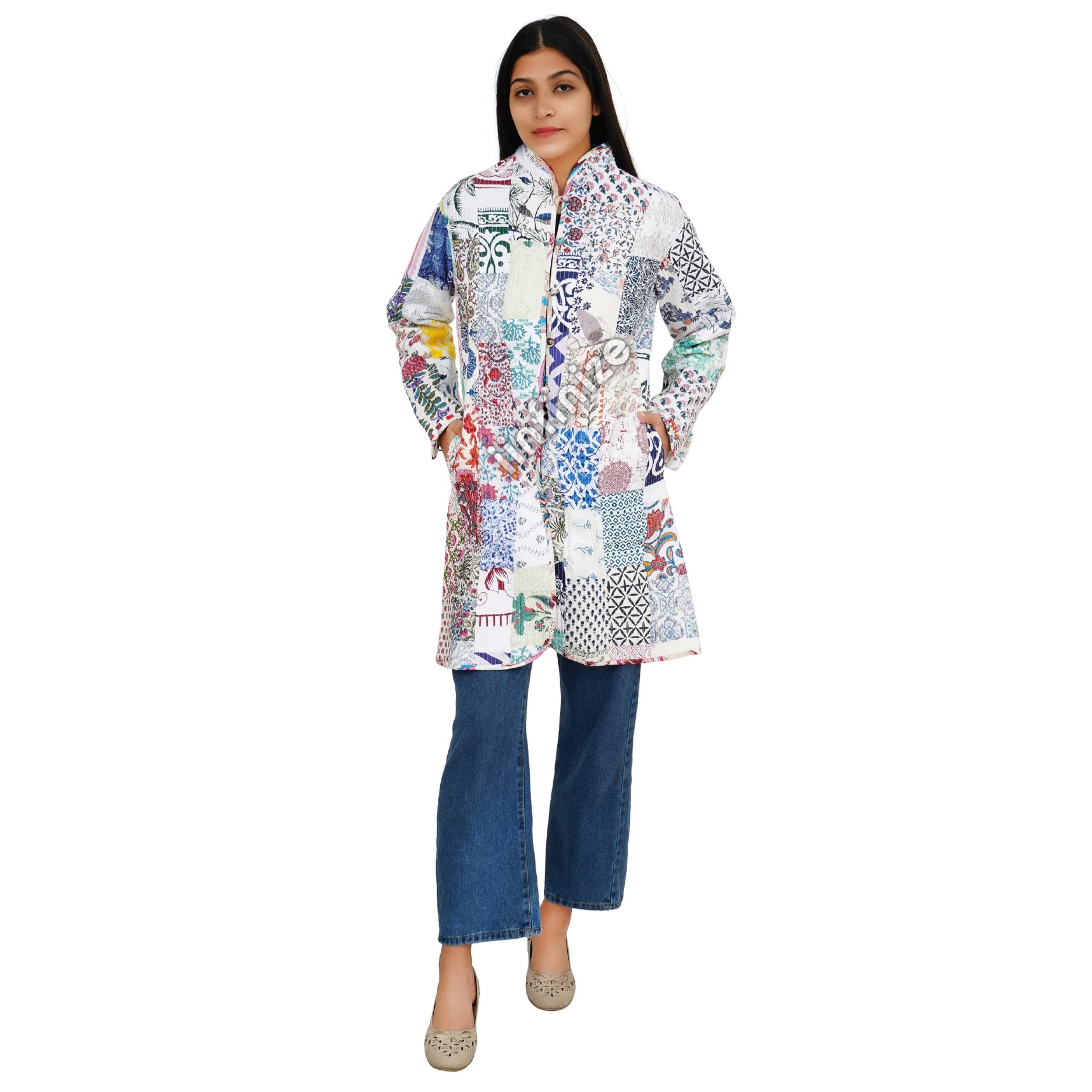 Patchwork Reversible Blazer Kantha Quilted Coat Band Neck Jacket Woman's Cotton Jacket S Size, Multi White, Small-image-46