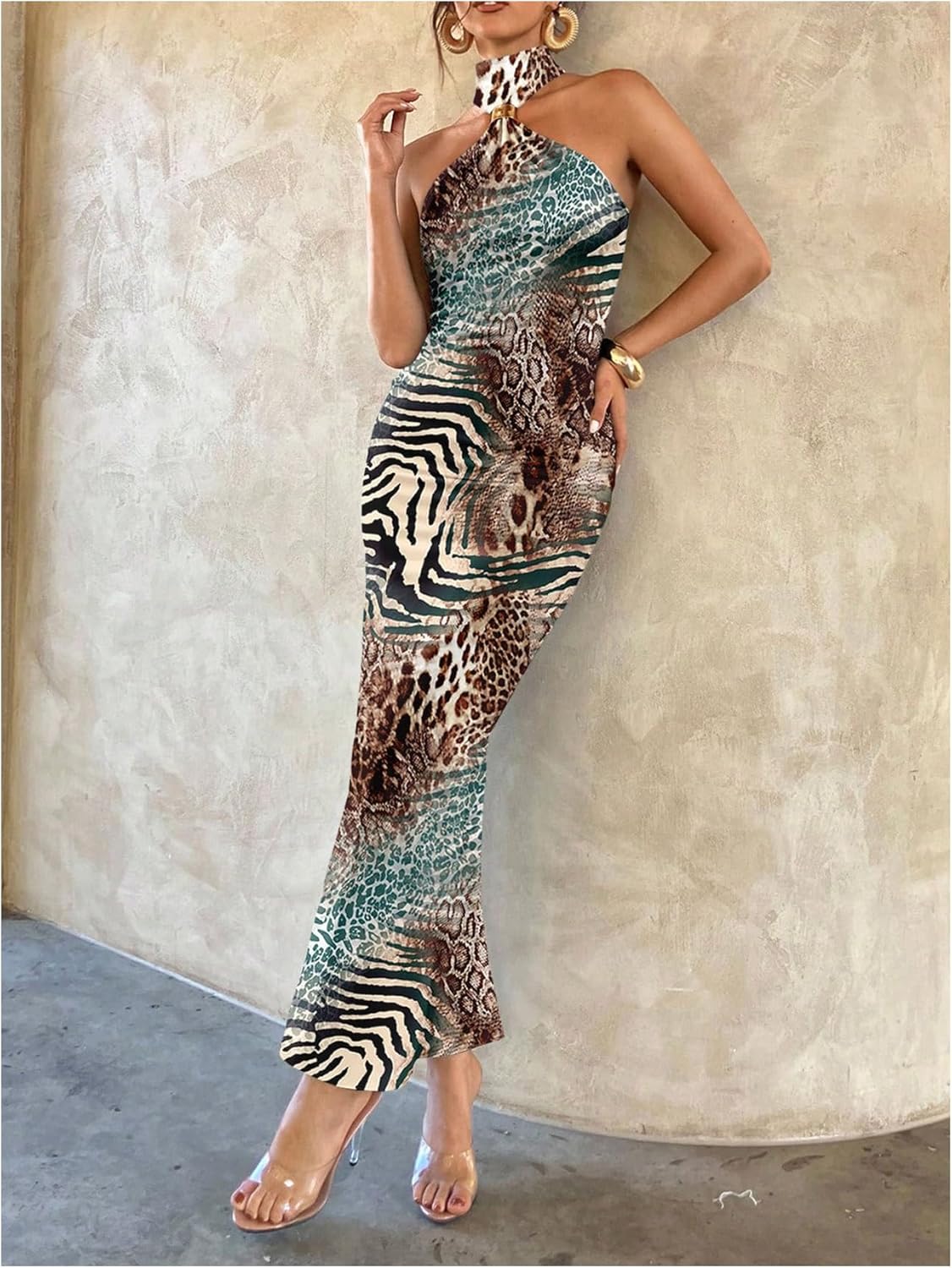 Floerns Women's Cheetah Print Sexy Halter Maxi Dress Sleeveless Slit Bodycon Party Going Out Long Dresses - Image 5