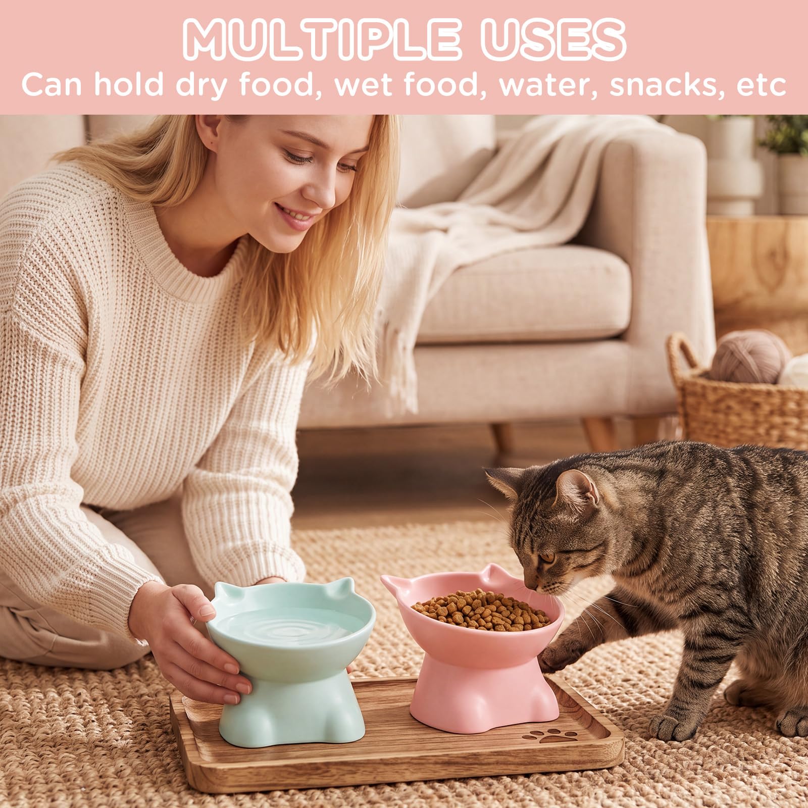 Yaomiao 2 ciotole in plastica rialzate per gatti inclinate, ciotole rialzate per acqua per gatti con fiocco rialzato, accessori per gatti per cibo e acqua, gatti piccoli animali domestici, rosa e