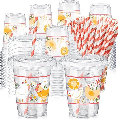 Miniatura 7 de 50 tazas de plástico desechables de los años 80 de 12 onzas G Back to 80s tazas gruesas temáticas de los años 80 tapas para tazas transparentes con