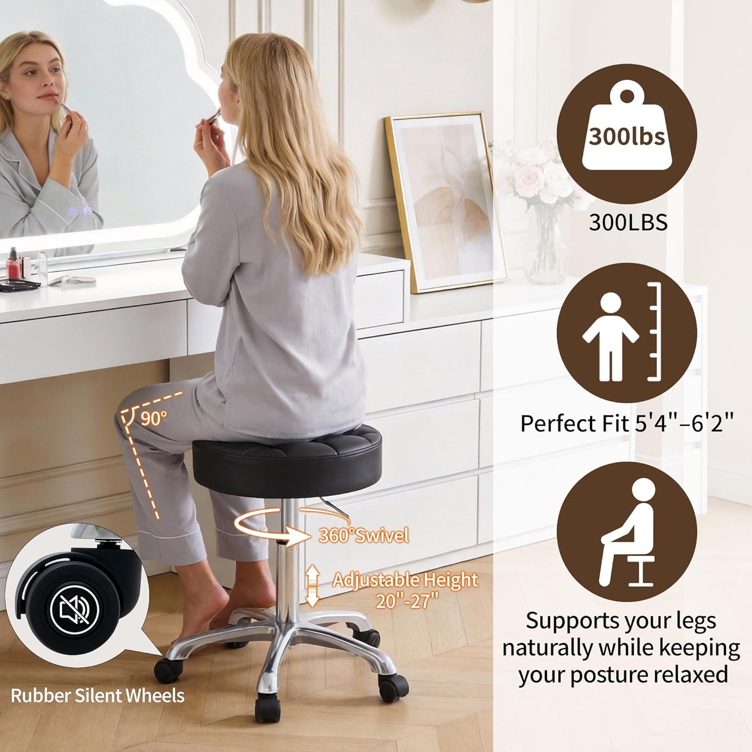 firavoe rolling stools with wheels (300lbs capacity) (adjustable height 20"-27") black leather tattoo vanity massage stool (black) black no back & footrest