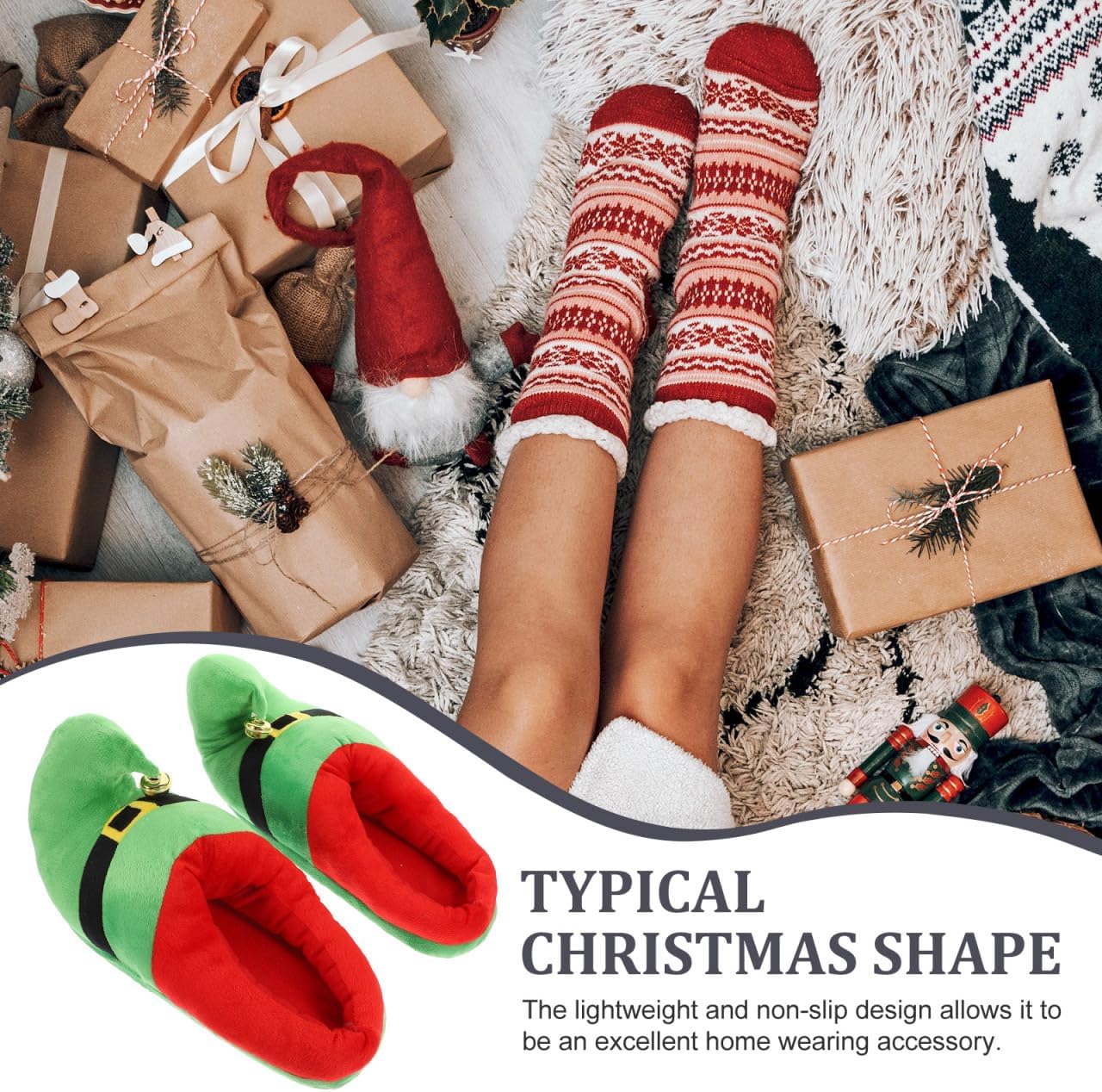 Amosfun Santa Claus Slippers Anti-slip Cotton Christmas Elf Slippers Costume Accessories Suitable for Men Women Size 8-12