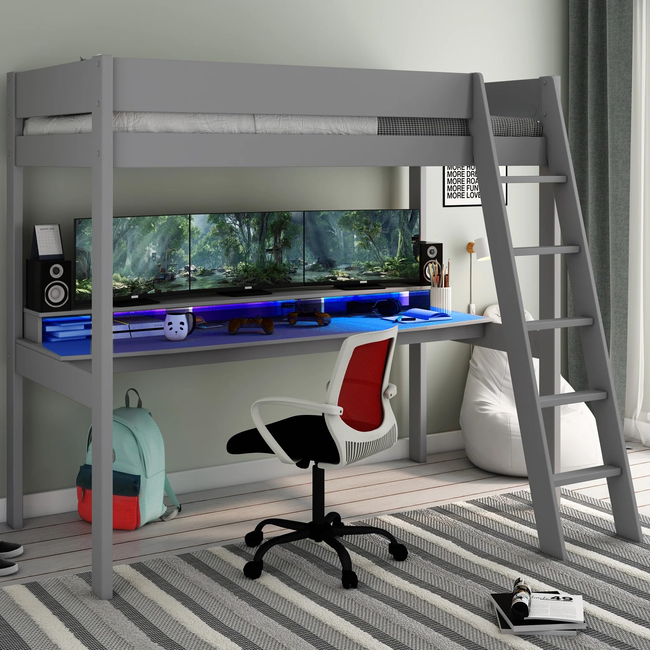 Family Window Kids Avenue High Sleeper Gaming Bed - Estella Grey - Solid Pine High Bed with 196 cm Wide Desktop, 3 Cubby Holes, Ladder - Perfect for Gamer Kids and Teens (High sleeper gaming bed)