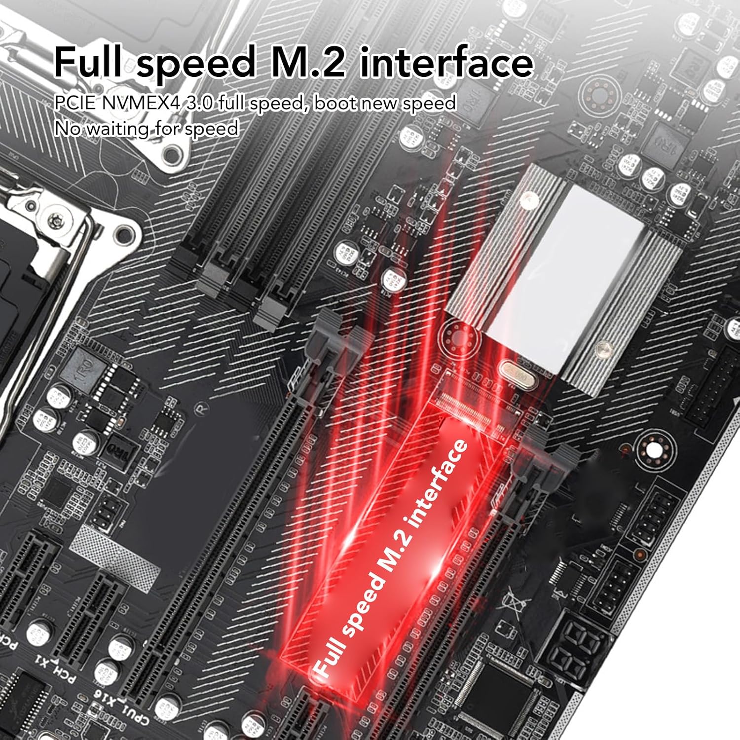 Close-up of the Yoidesu X99 F2 motherboard showing the M.2 NVME interface with a red glow, indicating full speed capability.
