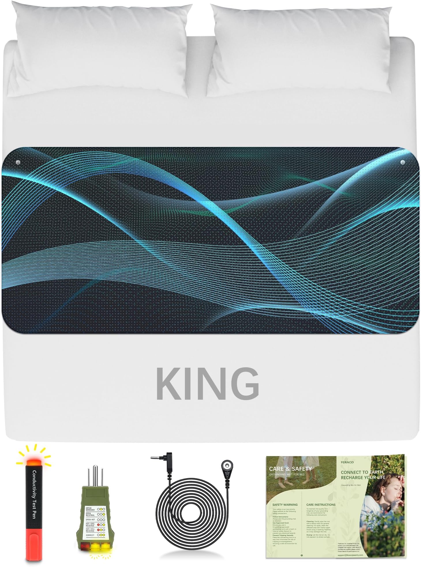 Feraco Grounding Mat for Bed, Grounding Pad Kit for Sleeping & Overall Well-Being with Cord & Tester (King, 27" x 76")