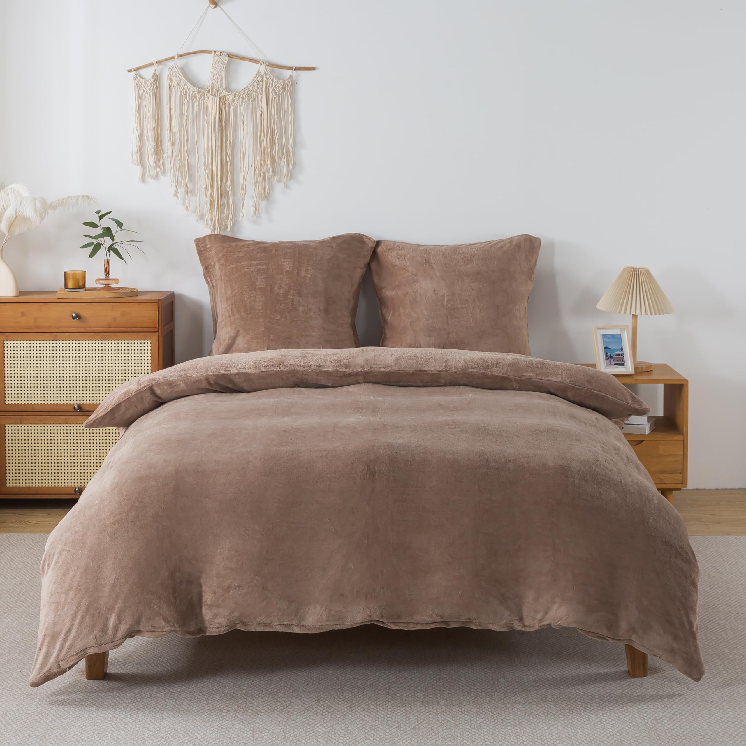 Plüsch Bettwäsche 200x200 cm Kaffeebraun 3tlg Set, Winter Biber Warm Flauschig Bettbezug und 2 Kissenbezüge 80x80cm, Kuschelig Weich Cashmere Touch Flanell Bettdeckenbezug Bettdecke Cover