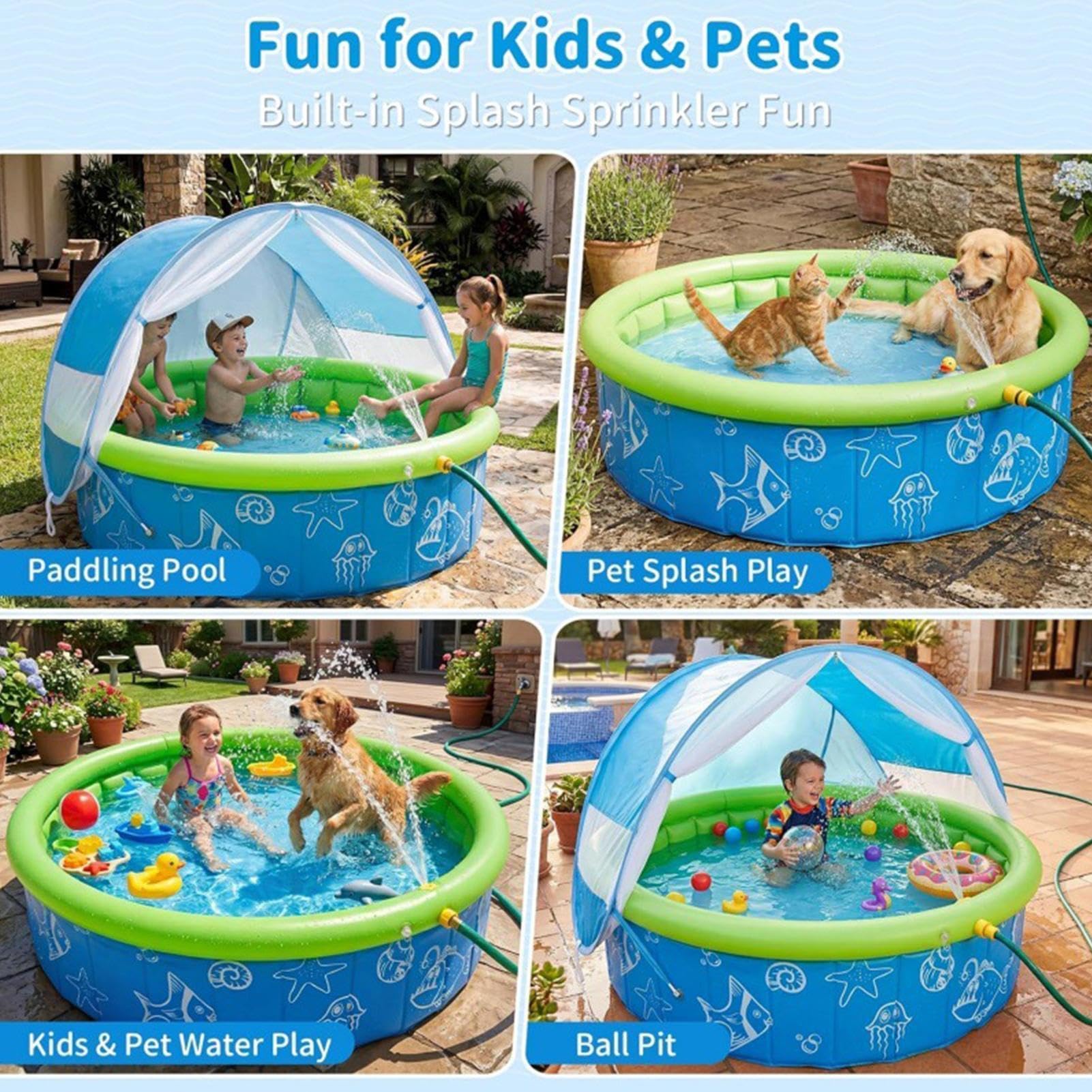 Faltbarer Hundepool Mit Abnehmbarem Sonnendach, 100x30cm Robustes Planschbecken Für Kinder & Hunde Pool Mit Dach, rutschfest Hundeplanschbecken, Tragbarer Hundebadewanne Für Garten Outdoor Camping
