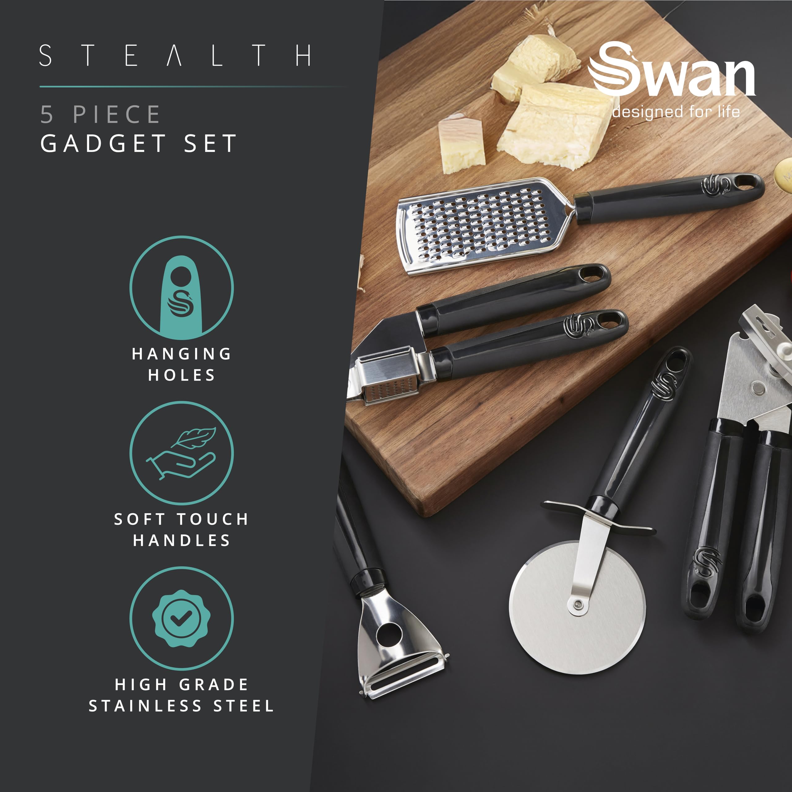 Swan Stealth 5 Piece Stainless Steel Gadget Set, Pizza Cutter, Y Peeler, Garlic Press, Can Opener, Grater, Soft Touch Handles - Image 3