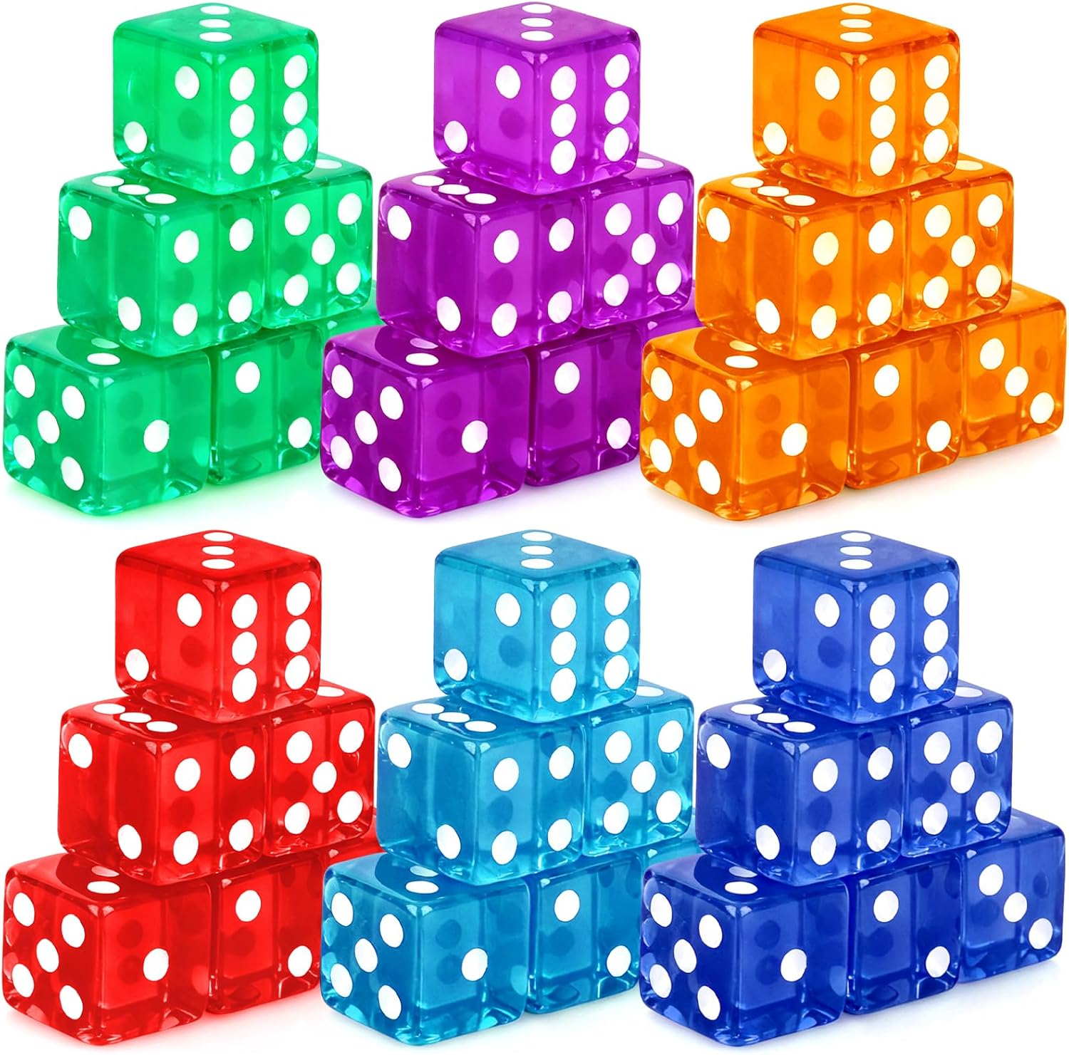 Hooqict 36 Pieces Casino Dice Set 19mm Large Dice Game Acrylic 6 Sided Colored Dice Bulk for Casino Vegas Math Classroom Supplies Board Games (Red, Blue, Purple, Green, Orange)