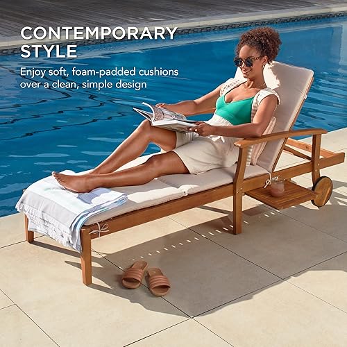 Miniatura 3 de Best Choice Products Silla reclinable de madera de acacia de 79 x 26 pulgadas, muebles de exterior para patio, piscina con mesa auxiliar deslizante,