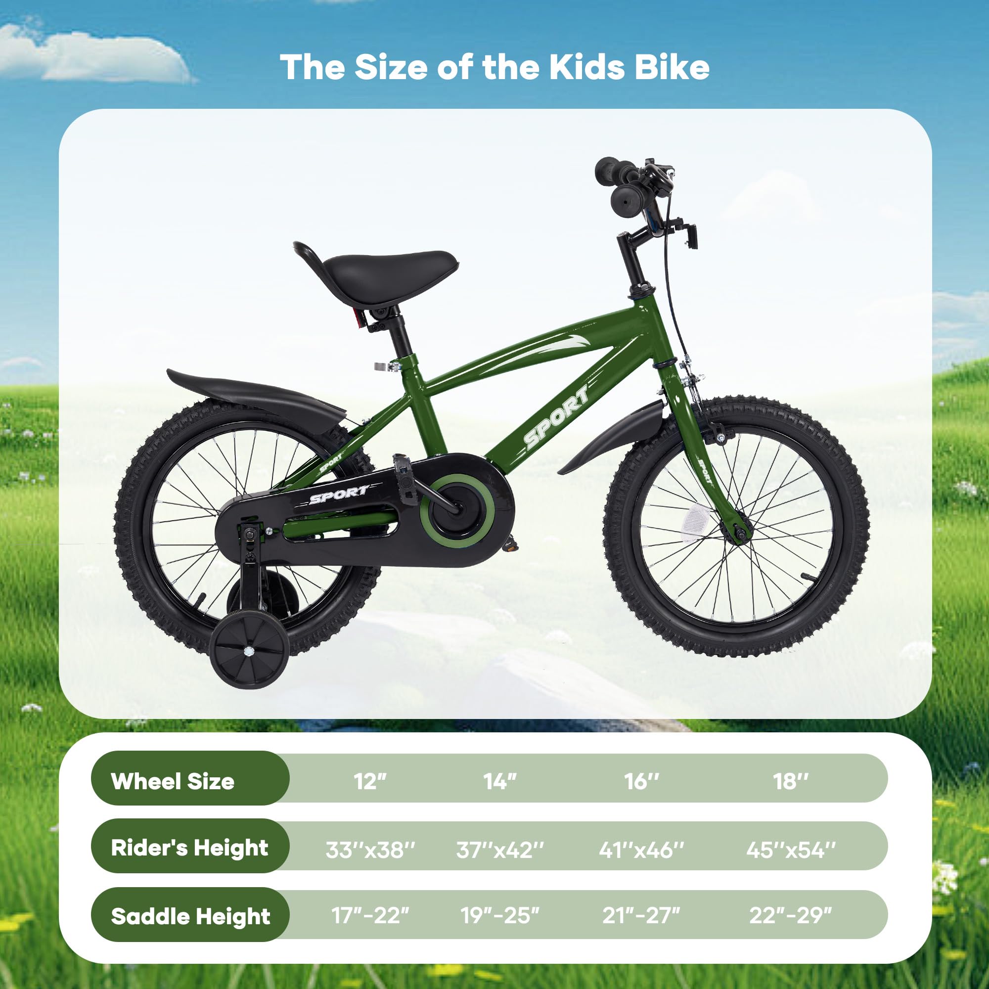 BODIOO Kinderfahrrad 14 Zoll, Fahrrad für Jungen und Mädchen mit Stützrädern, stabilem Rahmen, verstellbarem Sitz, Handbremse und Rücktrittbremse, geeignet für Fahrer von 94 bis 107 cm