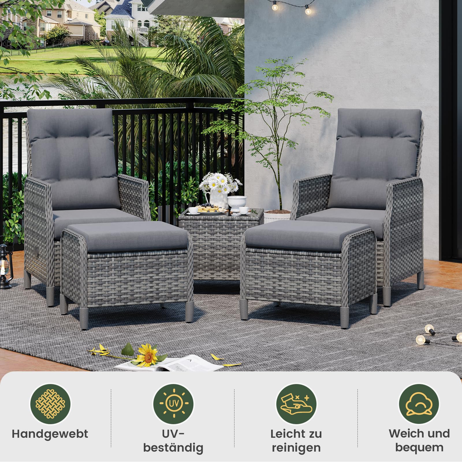 Amopatio Rattan Gartenmöbel Set mit 2 Verstellbarem Rattan Sessel, 2 Hocker & Glastisch, Wetterfest Lounge Möbel Outdoor mit Softkissen, für Garten,Terrasse & Balkon, Grau-meliert & Dunkelgraue Bezüge