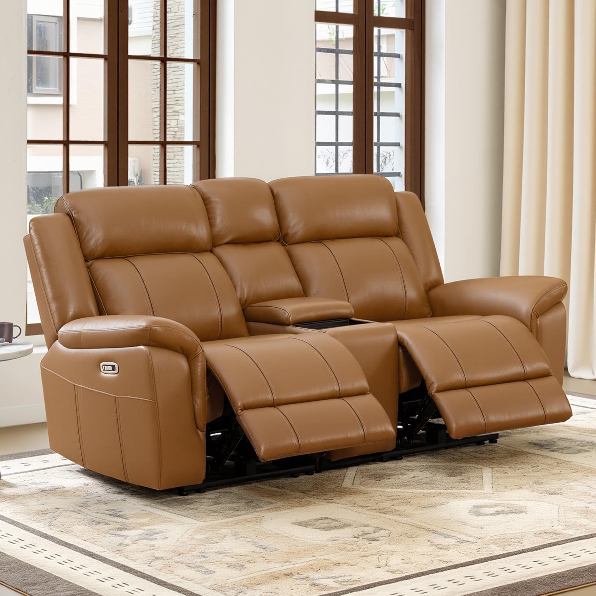 CHITA Leather Power Recliner Sofa, Saddle, Loveseat with Console