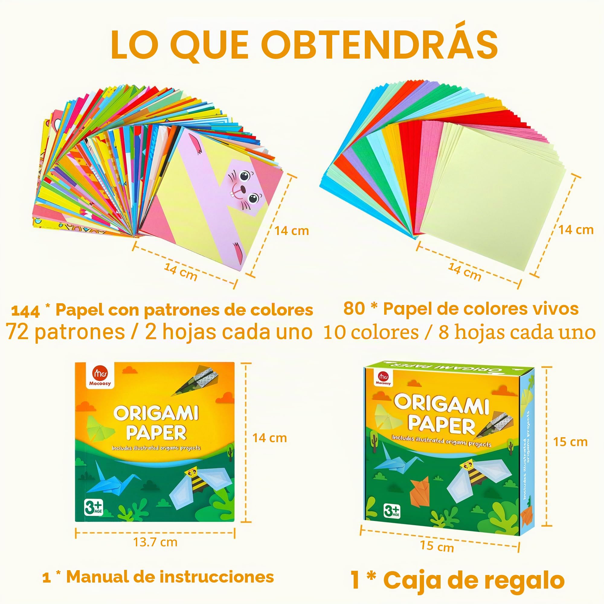 Mocoosy Kit papel origami 224 hojas doble cara 72 patrones tutorial vídeo libro arte artesanía niños regalo