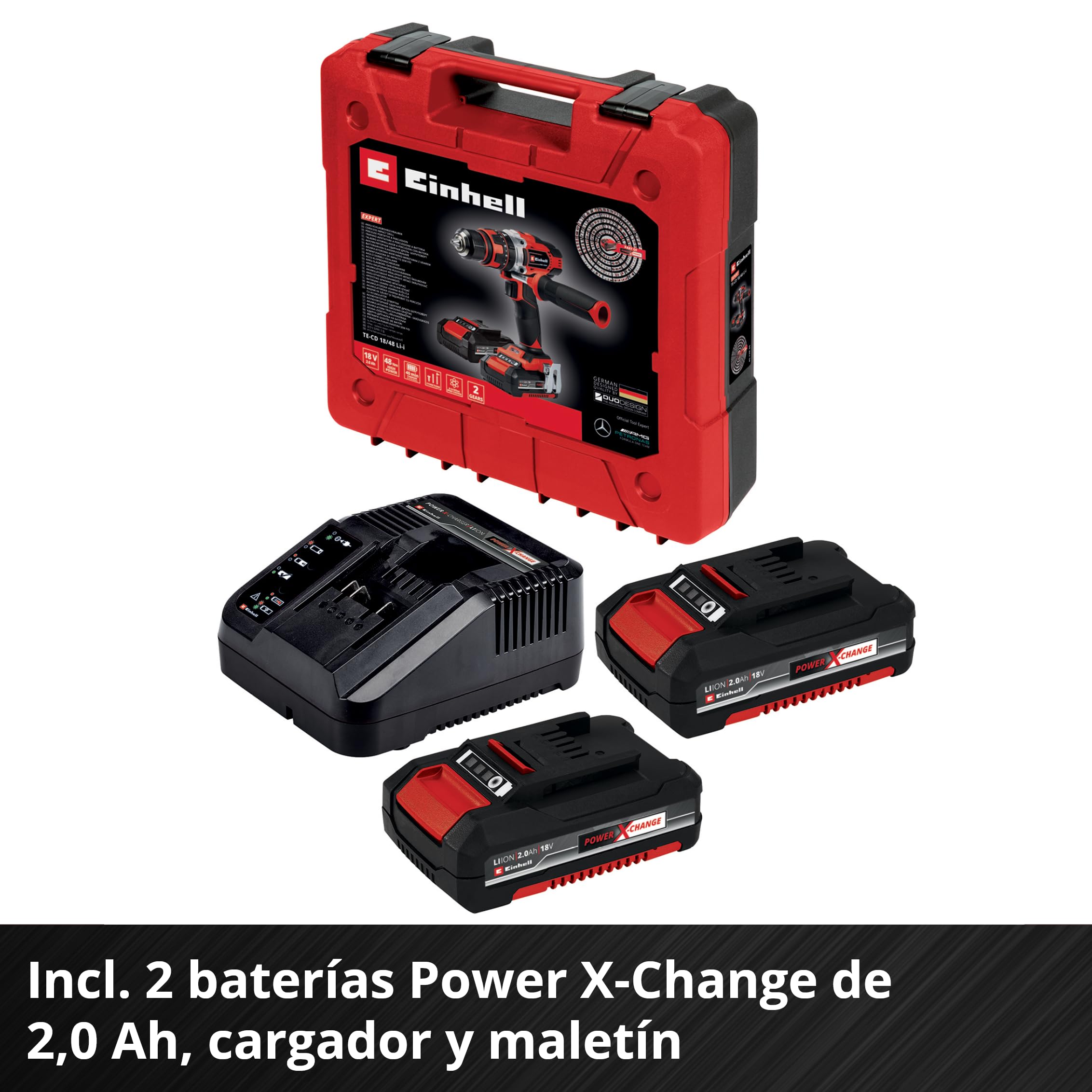 Einhell Taladro percutor sin cable TE-CD 18/48 Li-i (2x2,0 Ah) Power X-Change (iones de litio, incluye función de taladro de percusión, incluye 2 baterías de 2,0 Ah PXC, cargador y maletín)