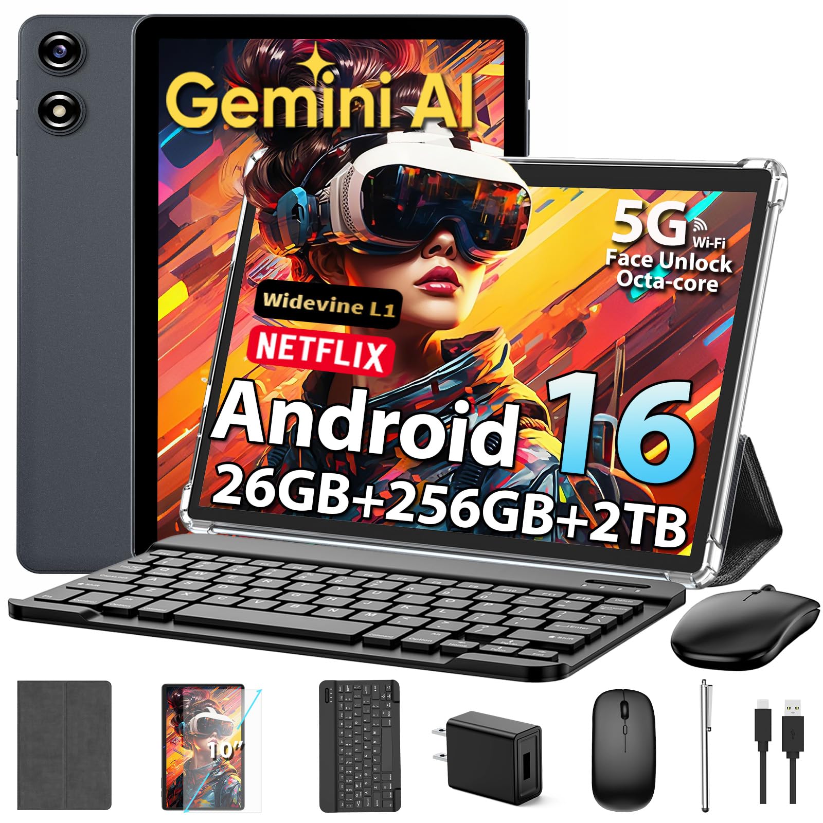 2025 Tablet, Android 15 10 Inch Tablet with Keyboard, 24GB + 256GB + 2TB Expandable Tablets, 2 in 1 Tablets with Stylus Mouse Keyboard Cover, 8 Core, 8000mAh, WiFi 5G, Split Screen-image-48