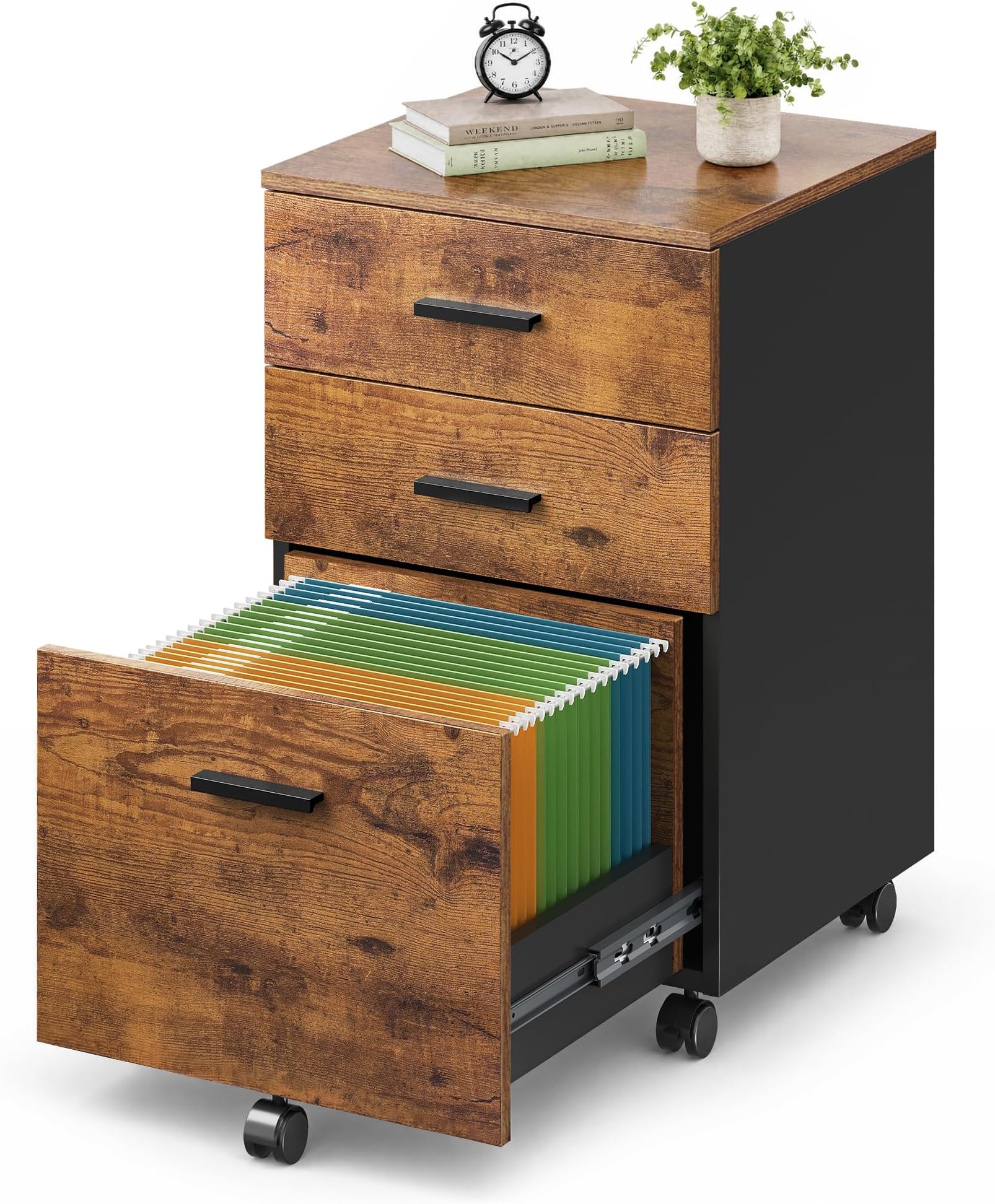 3 Drawer Wood File Cabinet, Under Desk Filing Cabinet, Rustic Brown