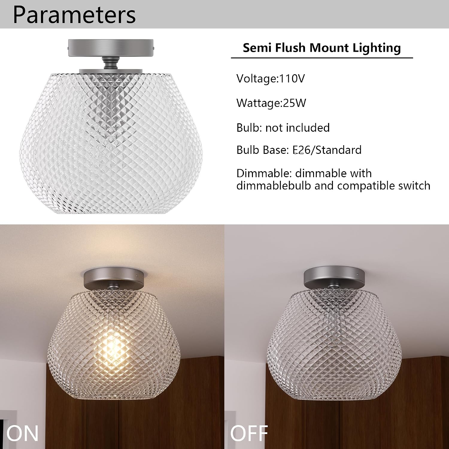 Maxax 10" Ceiling Light, Silver Semi Flush Mount Light Fixture with Translucent Ribbed Glass, Modern Mini Ceiling Lamp for Bathroom, Entryway, Kitchen, Bedroom, E26 Base (Bulb Not Included)