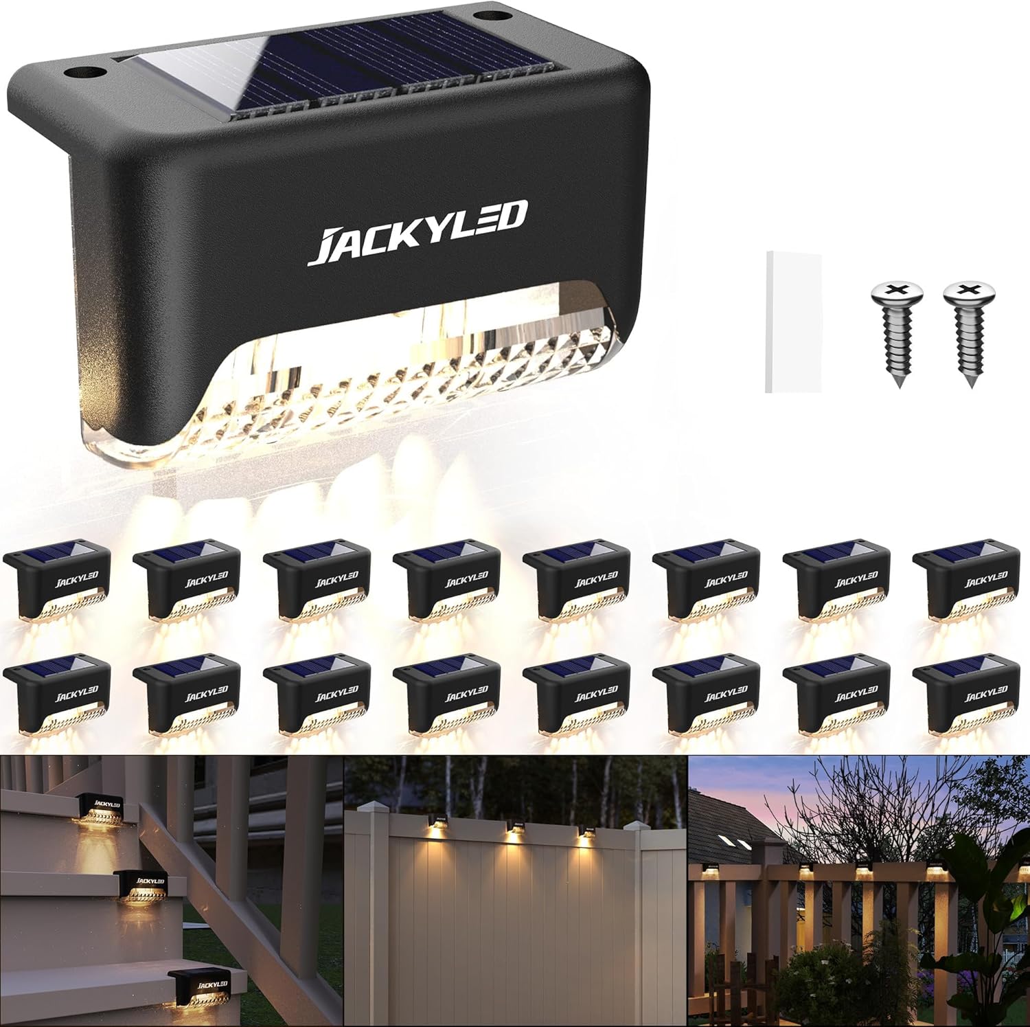 JACKYLED 16 Pack Solar Deck Lights Outdoor, Solar Fence Light Waterproof LED Solar Powered Decking Light for Garden Deck,Outdoor Stair, Fence,Railing, Yard, and Pathway JACKYLED 16 Pack Solar Deck Lights Outdoor, Solar Fence Light Waterproof LED Solar Powered Decking Light for Garden Deck,Outdoor Stair, Fence,Railing, Yard, and Pathway