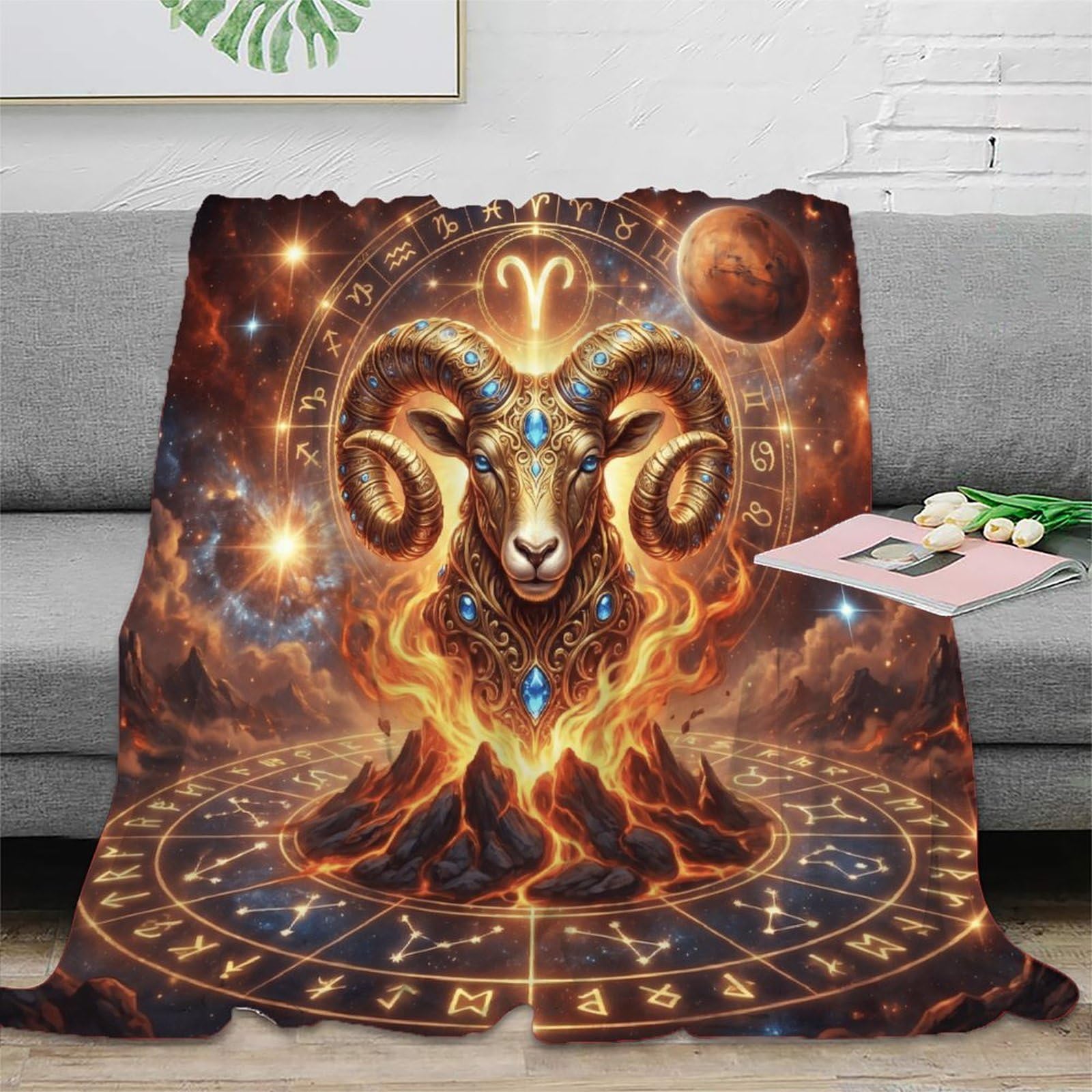 W7C8U2X3 Aries Zodiac Flame Ram for Soft Throw Blanket, Camping Car Travel