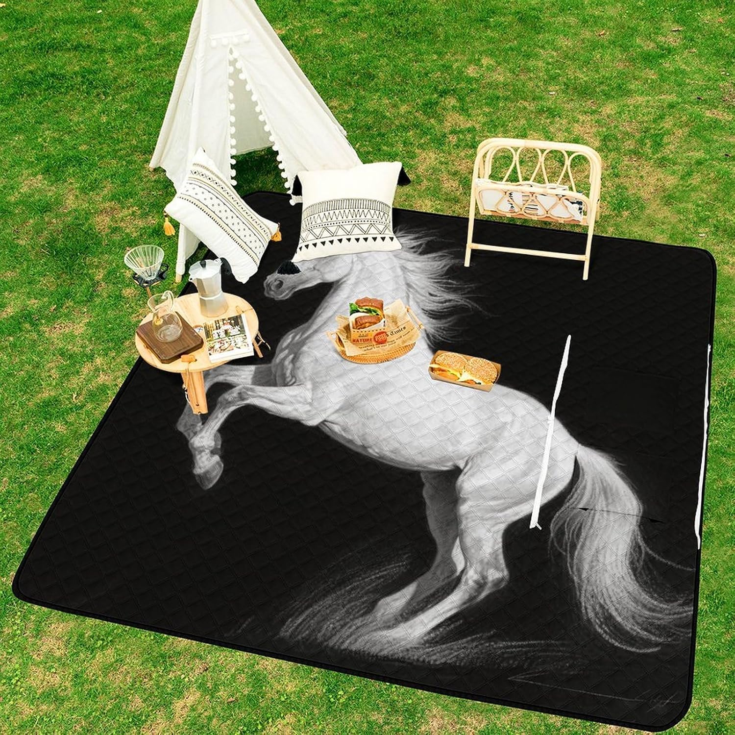 White Horse Black Picnic Blanket 200x200cm, Foldable 2-in-1 Picnic Mat and Tote Bag Portable Waterproof Beach Mat Sandproof Outdoor Blanket for Park, Hiking, Beach, Camping, Travel