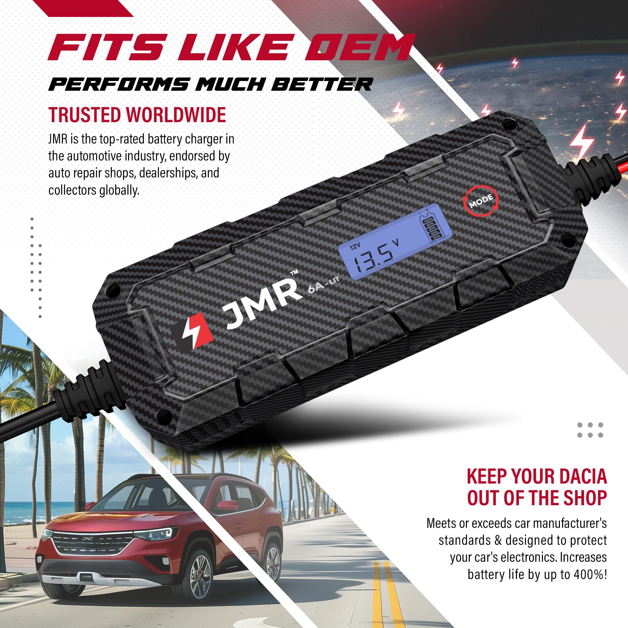 JMR Cargador de Bateria para Dacia Duster Logan Sandero Jogger Dokker Lodgy Bigster Todos los Modelos Mantenedor de Carga Acondicionador (Añadir Modo Litio)