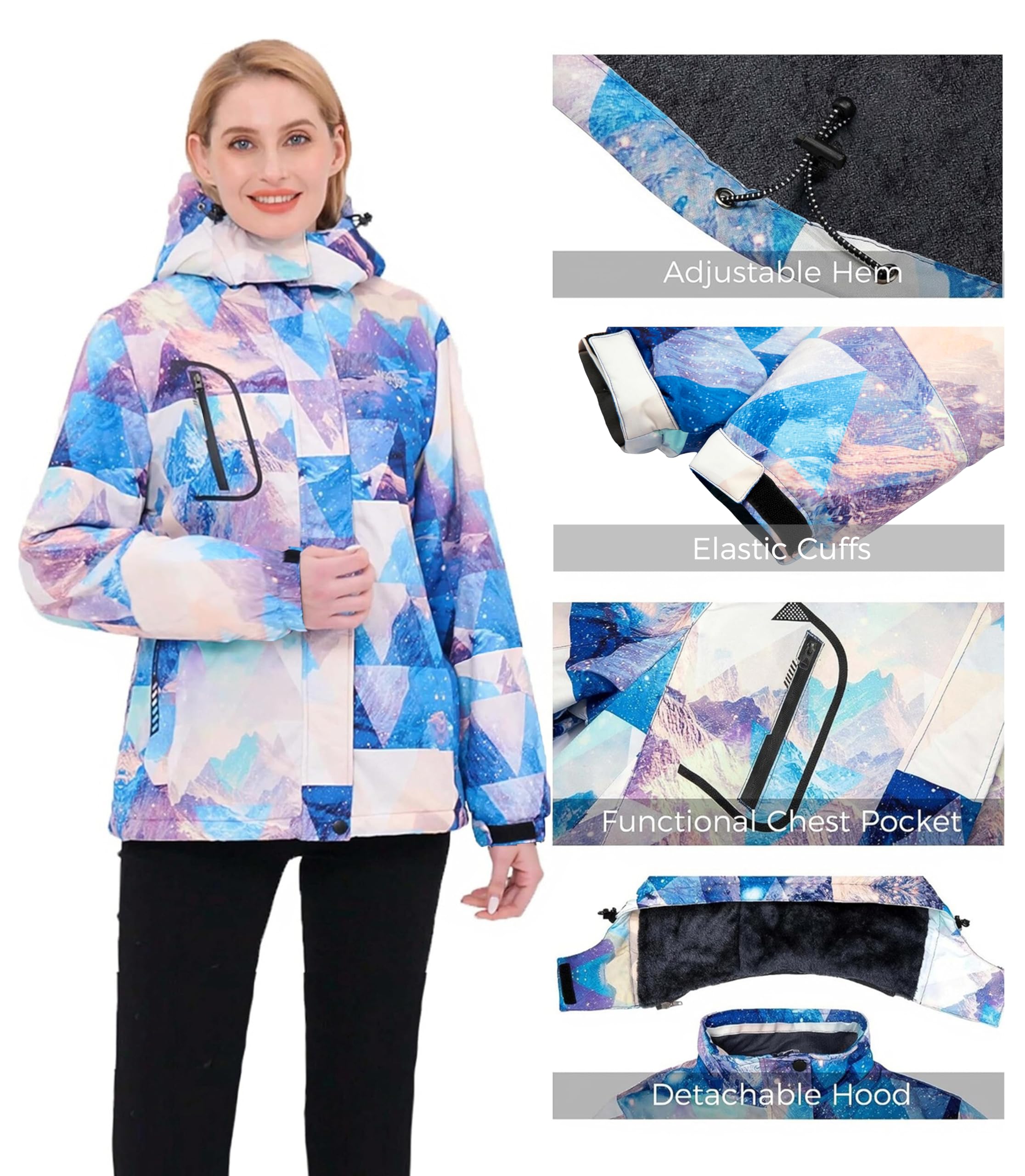 Wantdo Giacca da Sci Montagna Invernale Parka da Neve Caldo con Cappuccio Cappotto da Snowboard Giubbotto da Escursionismo Impermeabile Donna