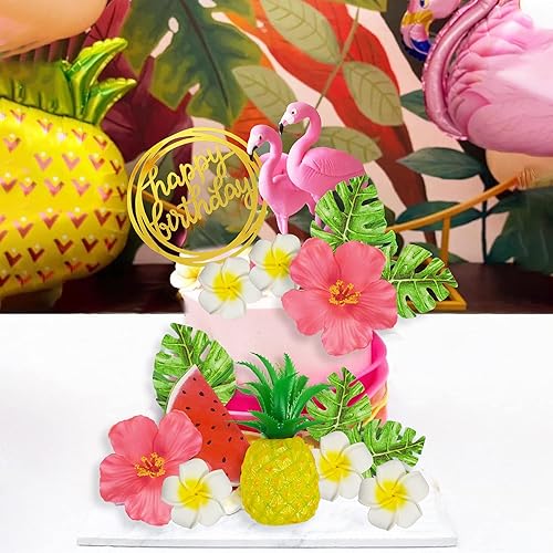 Miniatura 5 de Decoración para tartas de flamenco, decoración para tartas de verano, flores de piña e hibisco, hojas de palmera, decoración para tartas para playa