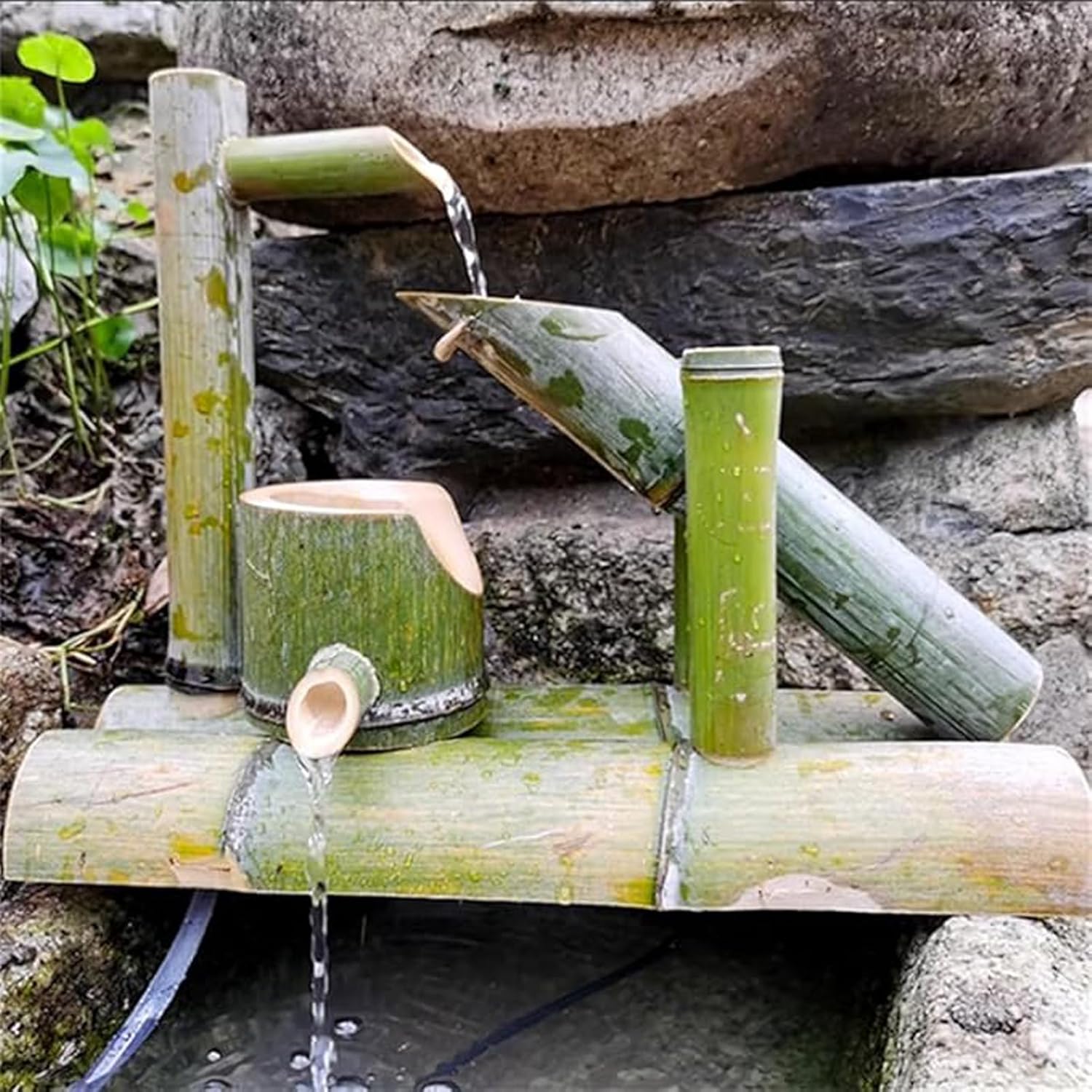 Solar Bamboo Water Fountain Kit, Handcrafted Zen Garden Fountain, Freestanding Outdoor Landscape Waterfall, Bamboo Water Ornament for Birdbath, Patio, Pond, Yard-17.7in(45cm)