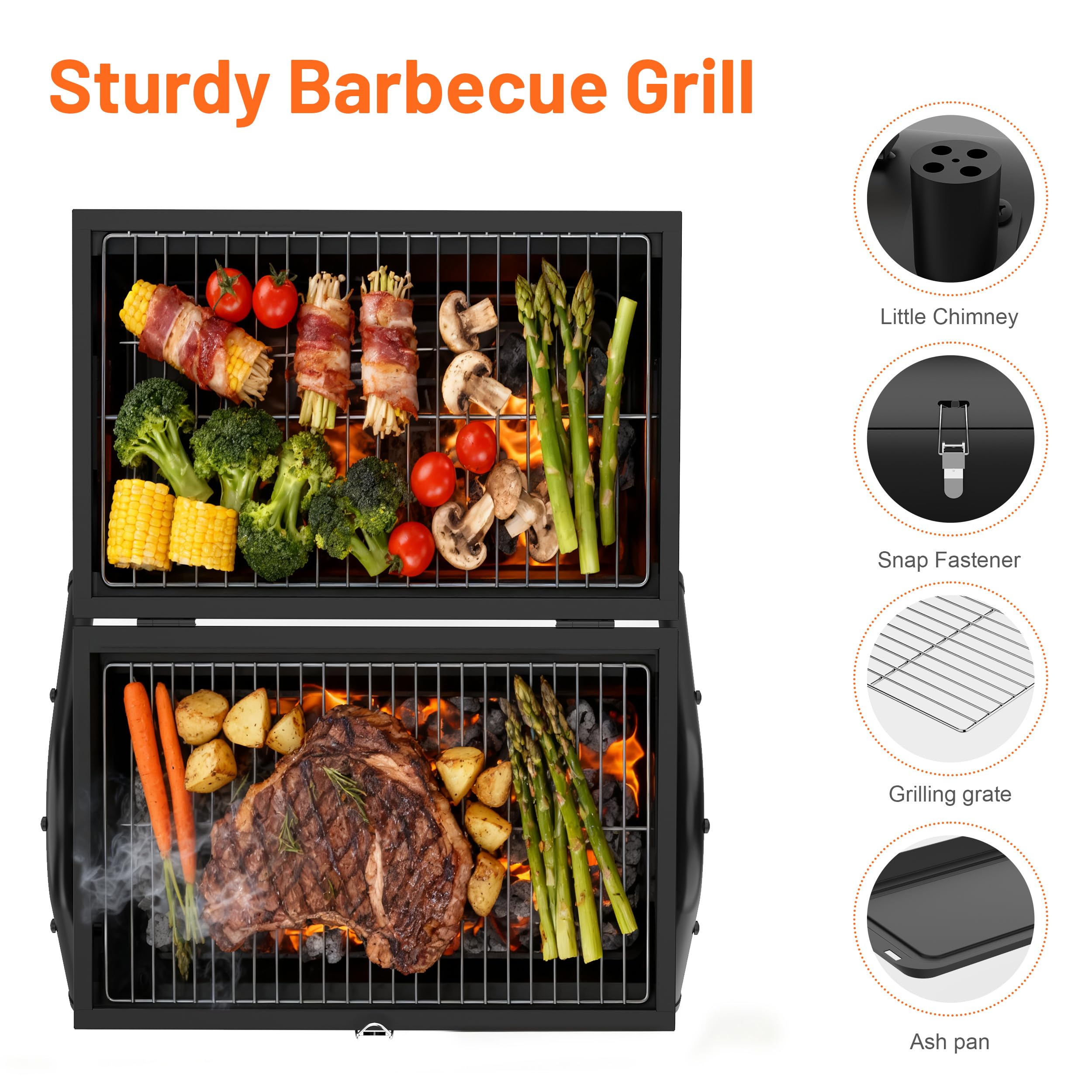 Barbecue portatile a carbonella – Piccolo barbecue da campeggio con griglia 2 in 1, griglia regolabile, compatta e leggera, per barbecue all'aperto, campeggio, picnic, cortile, spiaggia