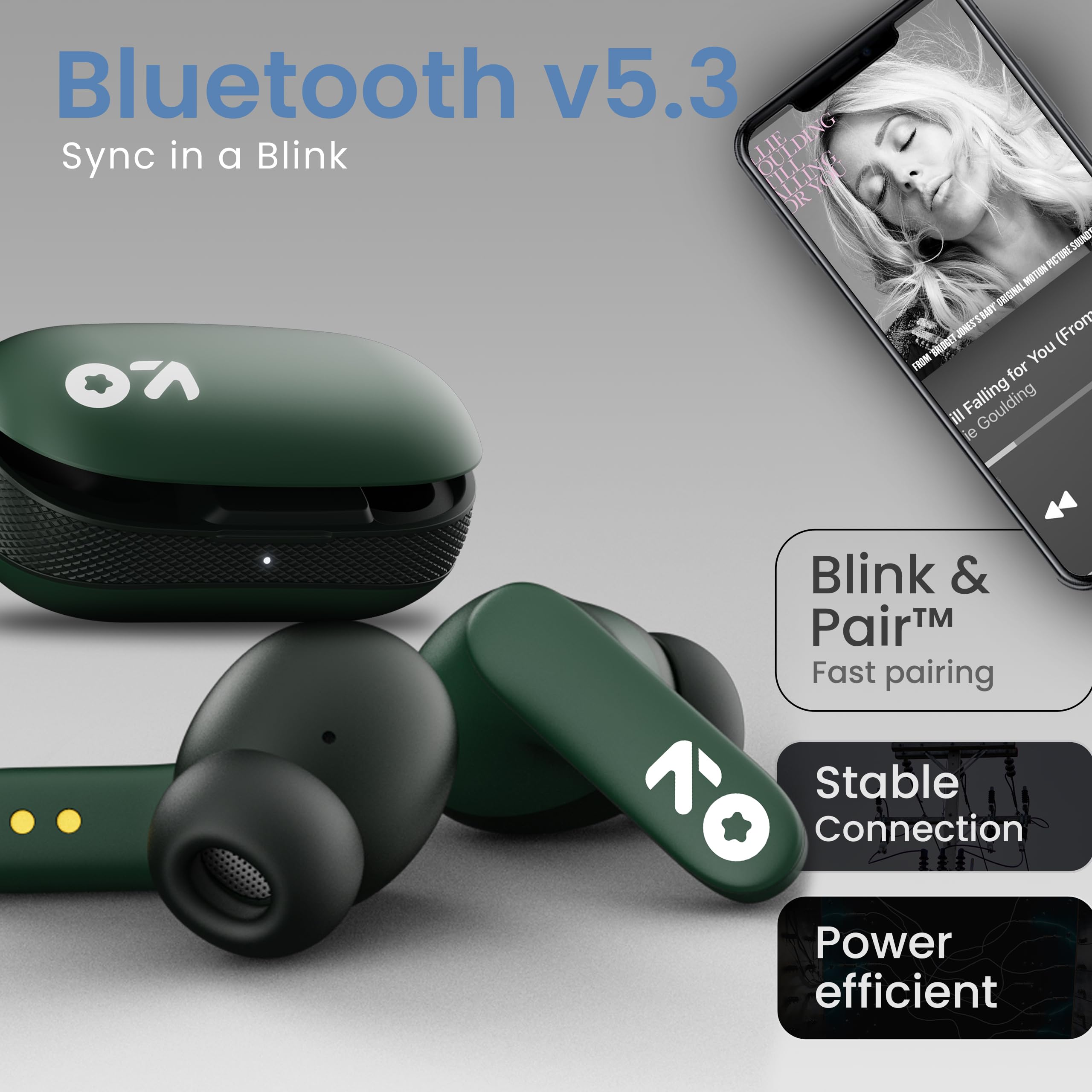 GOBOULT Y1 Ear Buds Wireless with 50Hr Playtime, Clear Calling ENC Mic, Low Latency Made in India, Gaming, 10mm Bass Drivers Earbuds Buds TWS Bluetooth (Black) (Green) — Amazon image 7