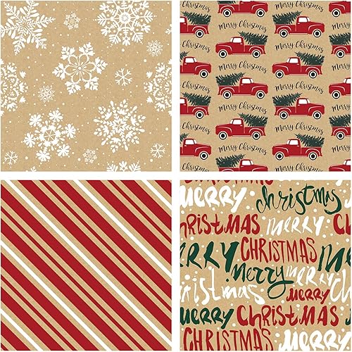 Miniatura 8 de RUSPEPA Papel de regalo de Navidad, papel kraft  copos de nieve, automóvil y árbol de Navidad, rayas y Feliz Navidad  4 rollos  30 pulgadas x 10