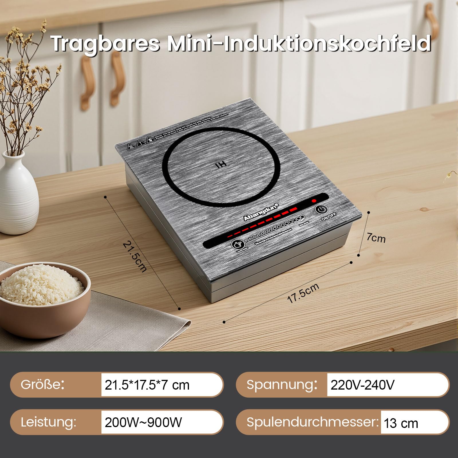 Mini Induktionskochplatte, 900W Mini induktionskochfeld 1 Platte, Induktionskochplatte, Elektrisch Kochplatte Induktion mit 5 Leistungsstufen, 100W-900Watt for Campinganhänger, Camping（T35）
