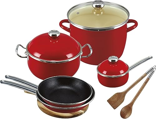 VITA - Juego de utensilios de cocina de 11 piezas con tapas rojo para todas las estufas apto para lavavajillas y horno esmalte en acero