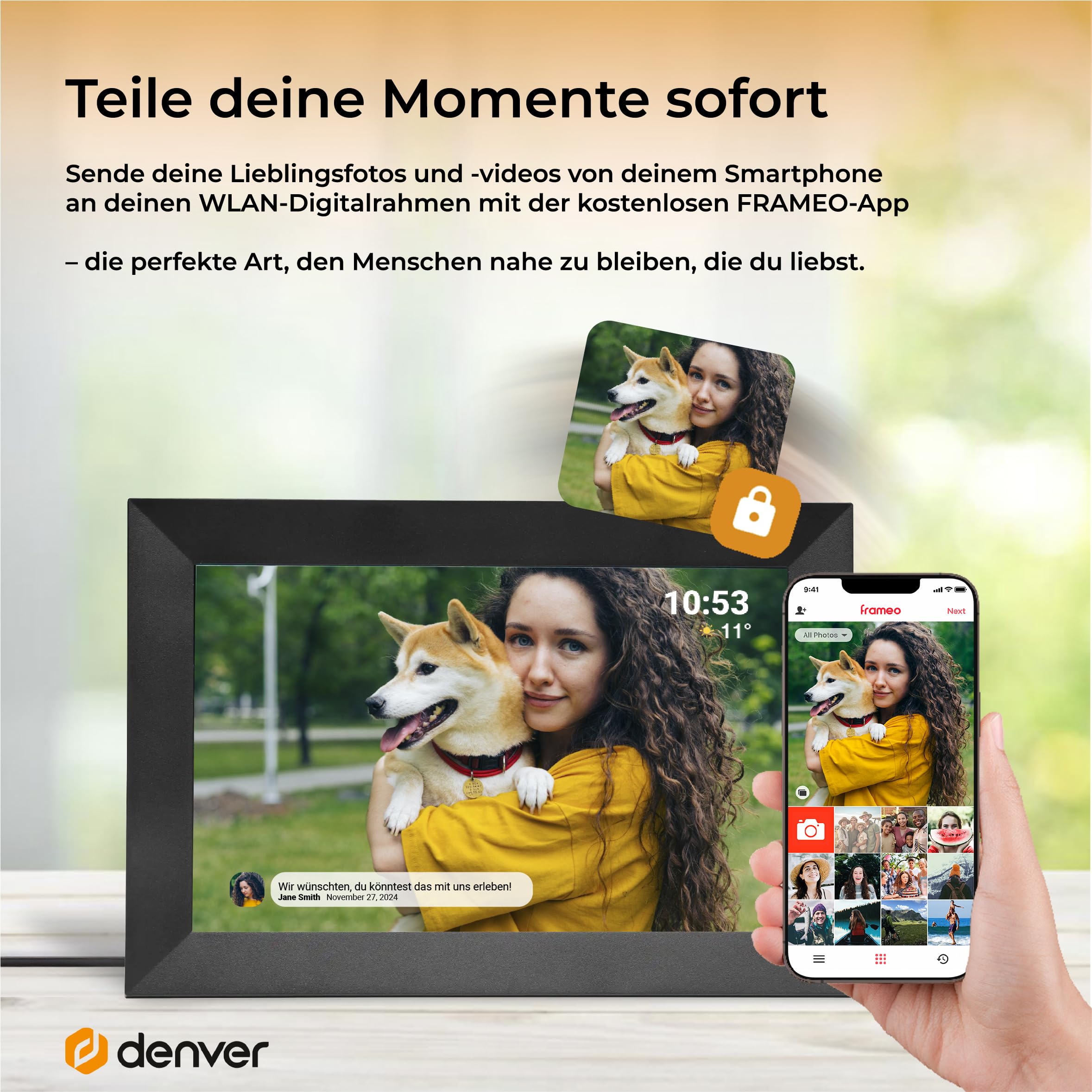 Denver PFF-1024BLACK Digitaler Bilderrahmen 25,7 cm (10,1 Zoll) mit Wi-Fi, Timer, Foto-Software zum Versenden von Fotos von der mobilen App auf den Rahmen (Schwarz, 10.1 Zoll)