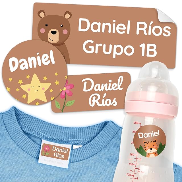 melu kids® Set de Etiquetas para Ropa Personalizadas Guardería (150 piezas) - Pegatinas Personalizadas, Etiquetas Ropa Niños y Objetos, Impermeable y en Diferentes Tamaños - Marrón