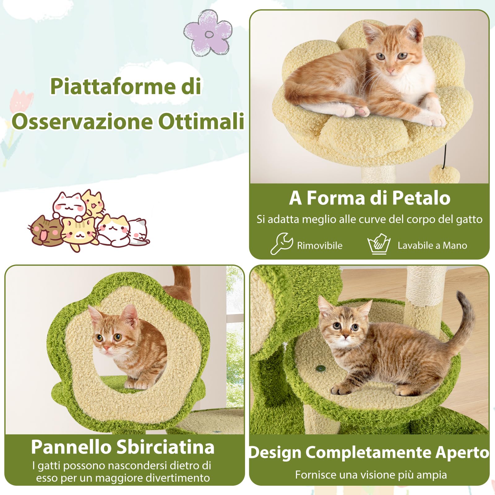GYMAX Albero per Gatti Multilivello, Torre per Gatti con Nicchia a Forma di Tronco, Posatoio a Forma di Fiore, Letto per Pisolino, Piattaforme, Tiragraffi, Pompon, Palla a Molla