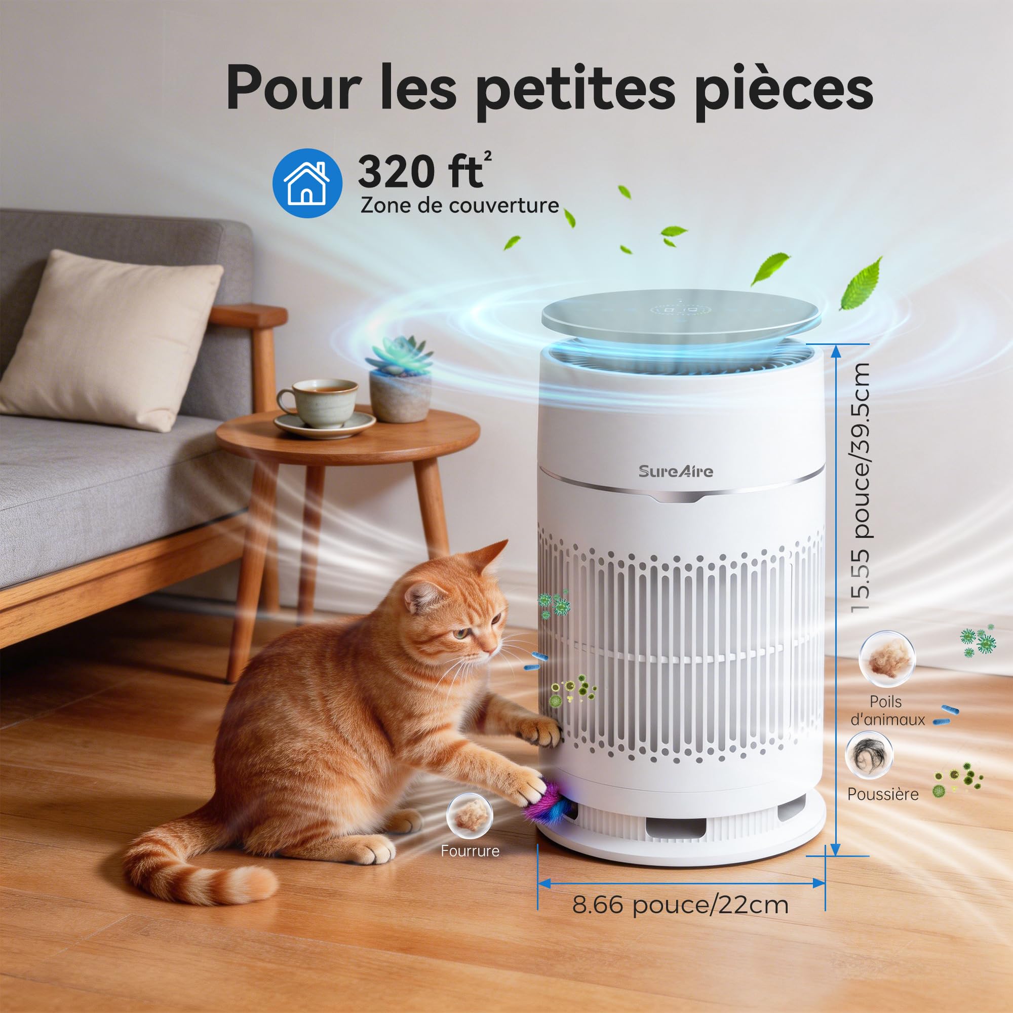 Purificateurs d'air pour chat avec filtre HEPA, purificateur d'air de bureau avec préfiltre remplaçable et teaser pour chat, filtres d'admission d'air à 360 ° Modèle: AP-D1-GP201-T