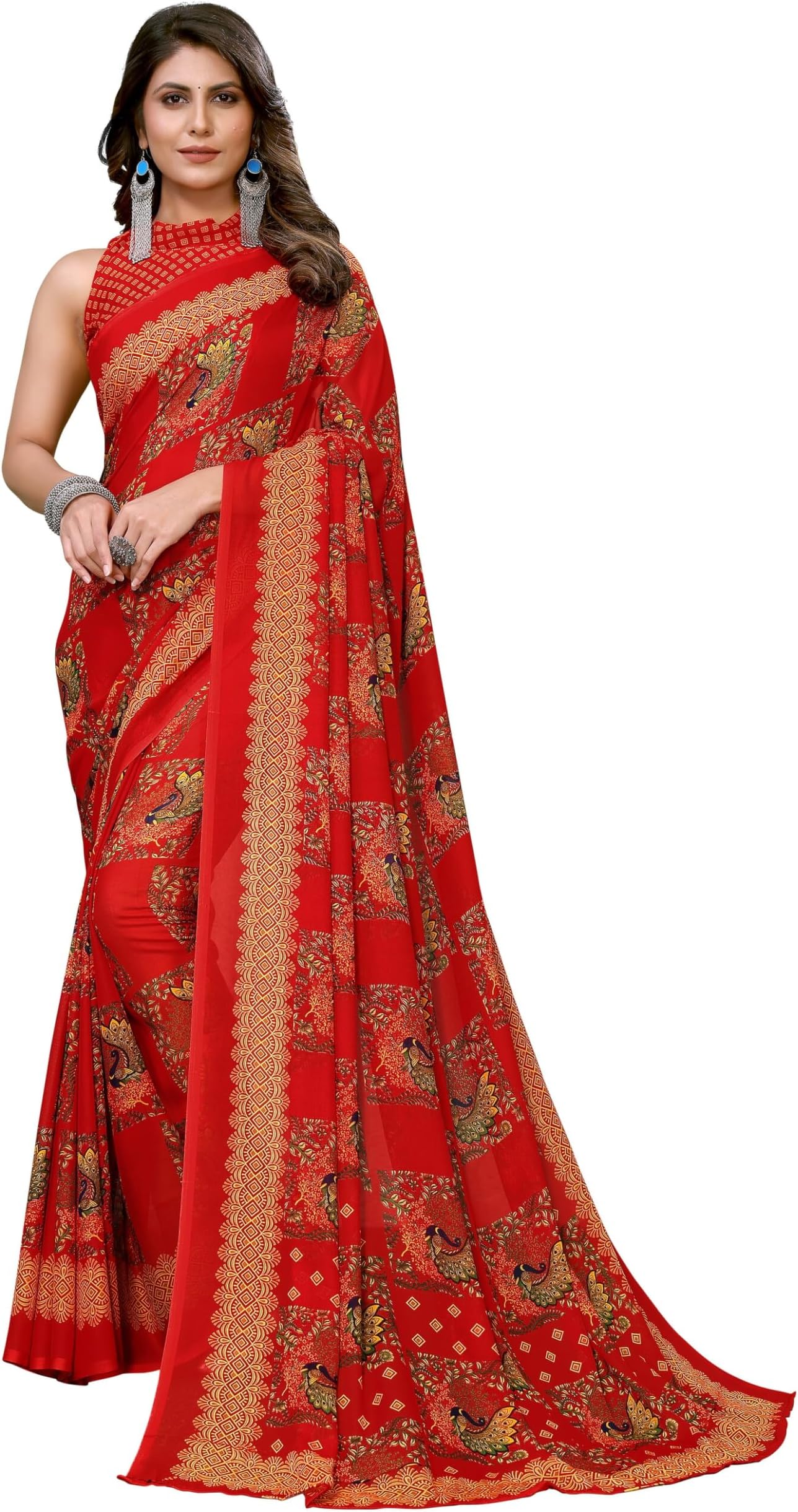 Women's Trendy Printed Georgette Purple Color Saree with Blouse Material
