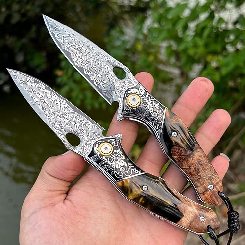 Miniatura 7 de Cuchillo de bolsillo de acero japonés Damasco hecho a mano, hoja VG10 de 3.1 pulgadas, cuchillo plegable para hombres y mujeres, con funda, bloqueo