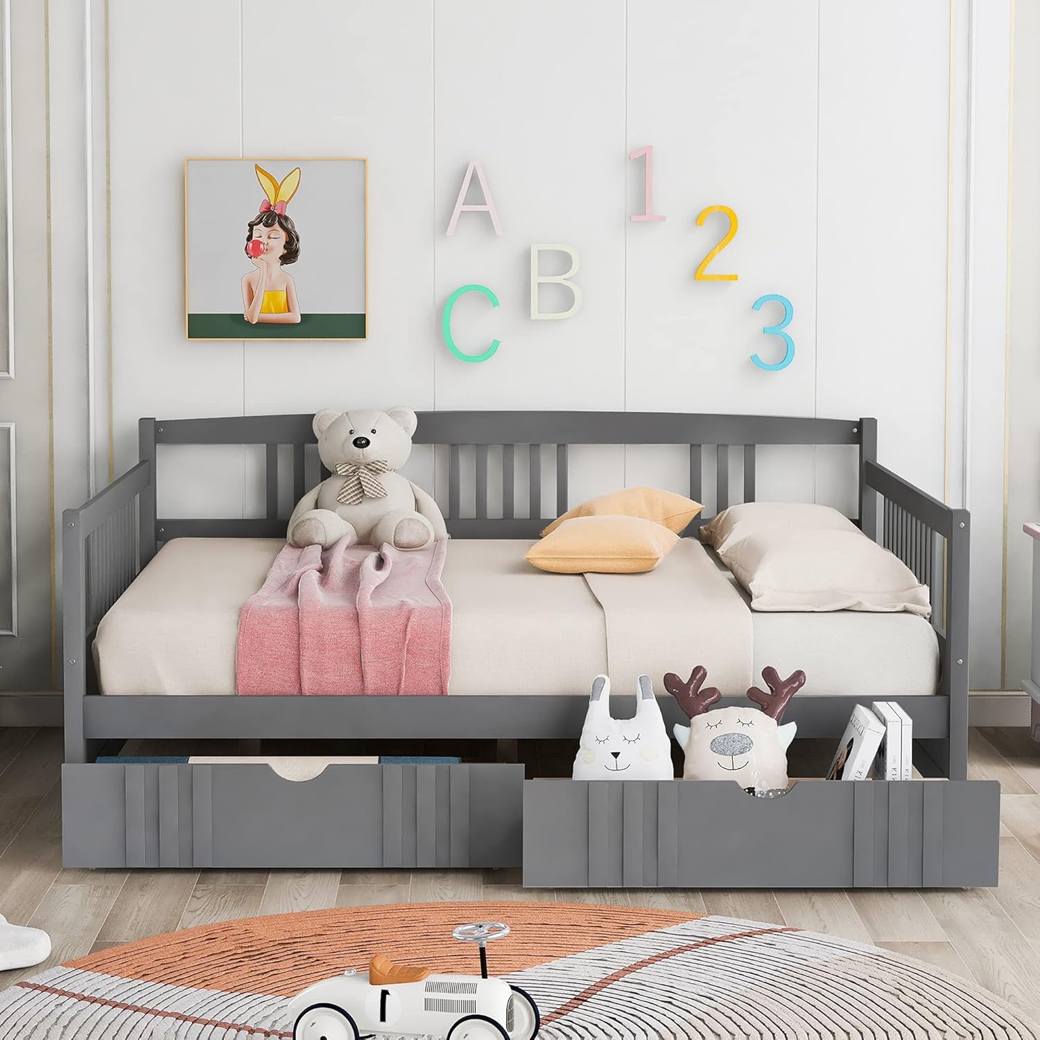 P PURLOVE Wood Daybed with Rails Twin Bed Wooden Slats Support Modern Living Daybed (Full with Drawers, Gray)