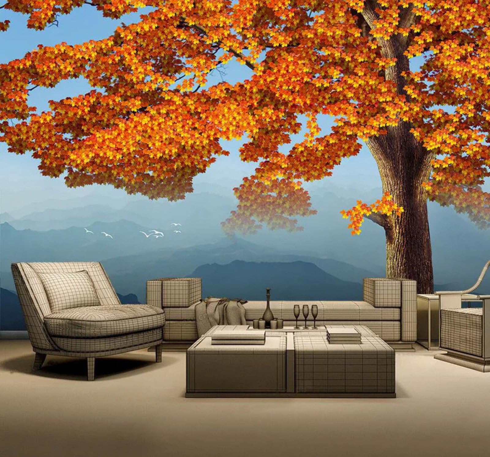 Wallpaper-3D-Xlm 430Cm×300Cm(B×H) Beautiful Red Maple Leaves Trees Mountains Scenery 3D Wallpaper Easy Install Feature Office Living Room Sofa Bedroom Tv Background Wall Decoration-430Cm×300Cm