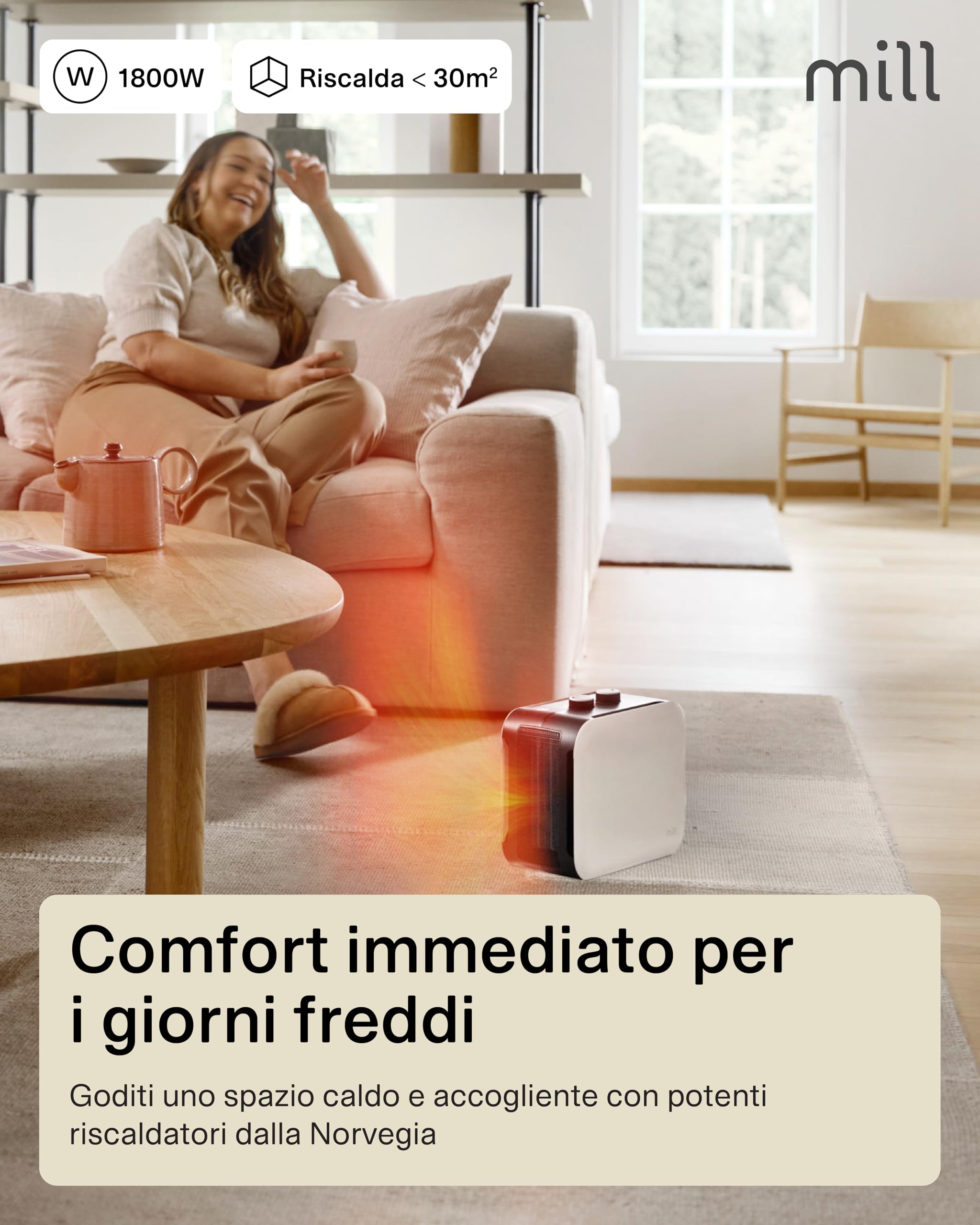 Mill Termoventilatore Portatile Compact 1800W, Stufa Elettrica in Ceramica PTC per 5–30 m², MEC, Riscaldamento Rapido, Silenzioso, Bianco, Design Norvegese