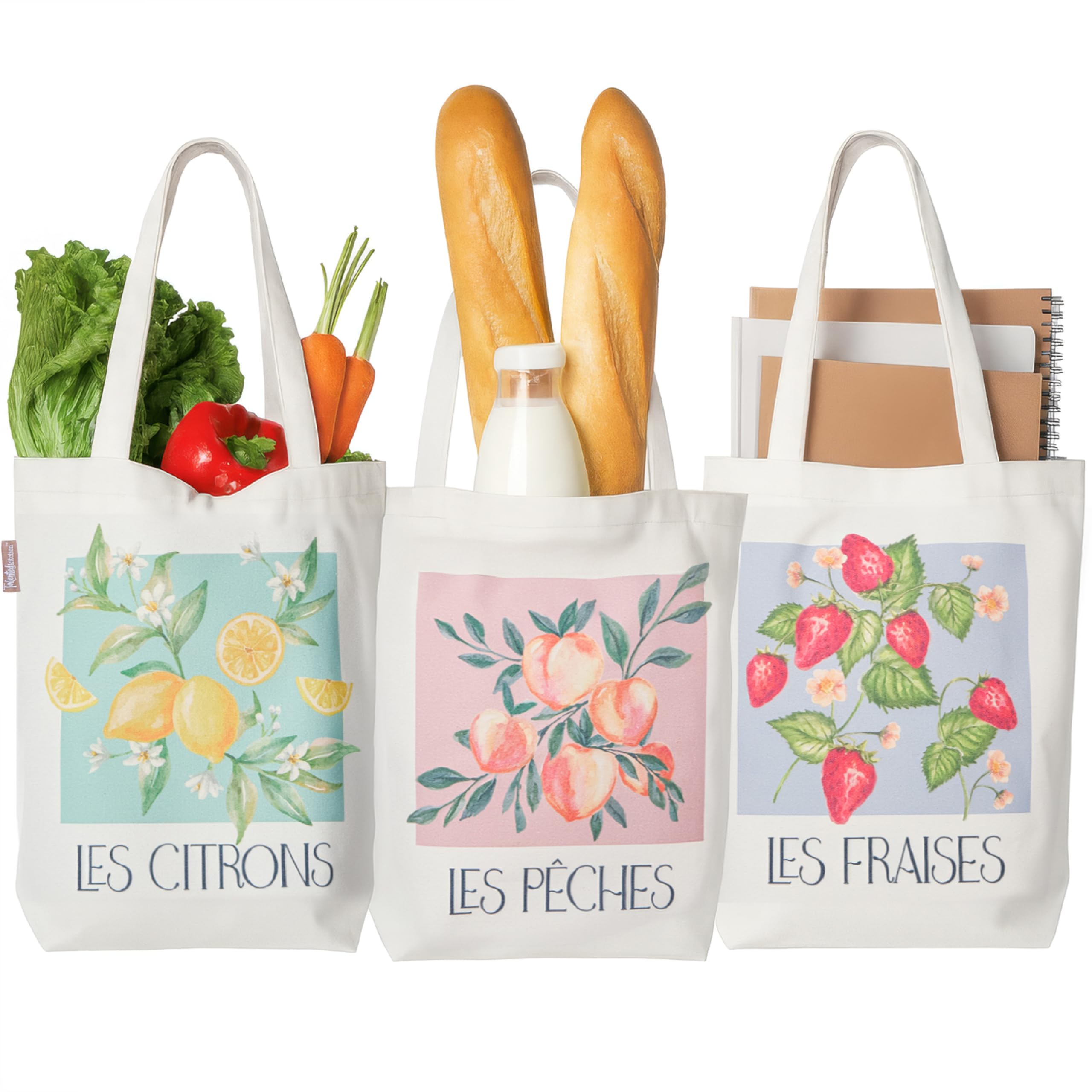 Canvas Tote Bag - 15 x 5.5 x 16 in, Multicolor, Pack of 3, Modern French - Reusable Groce…