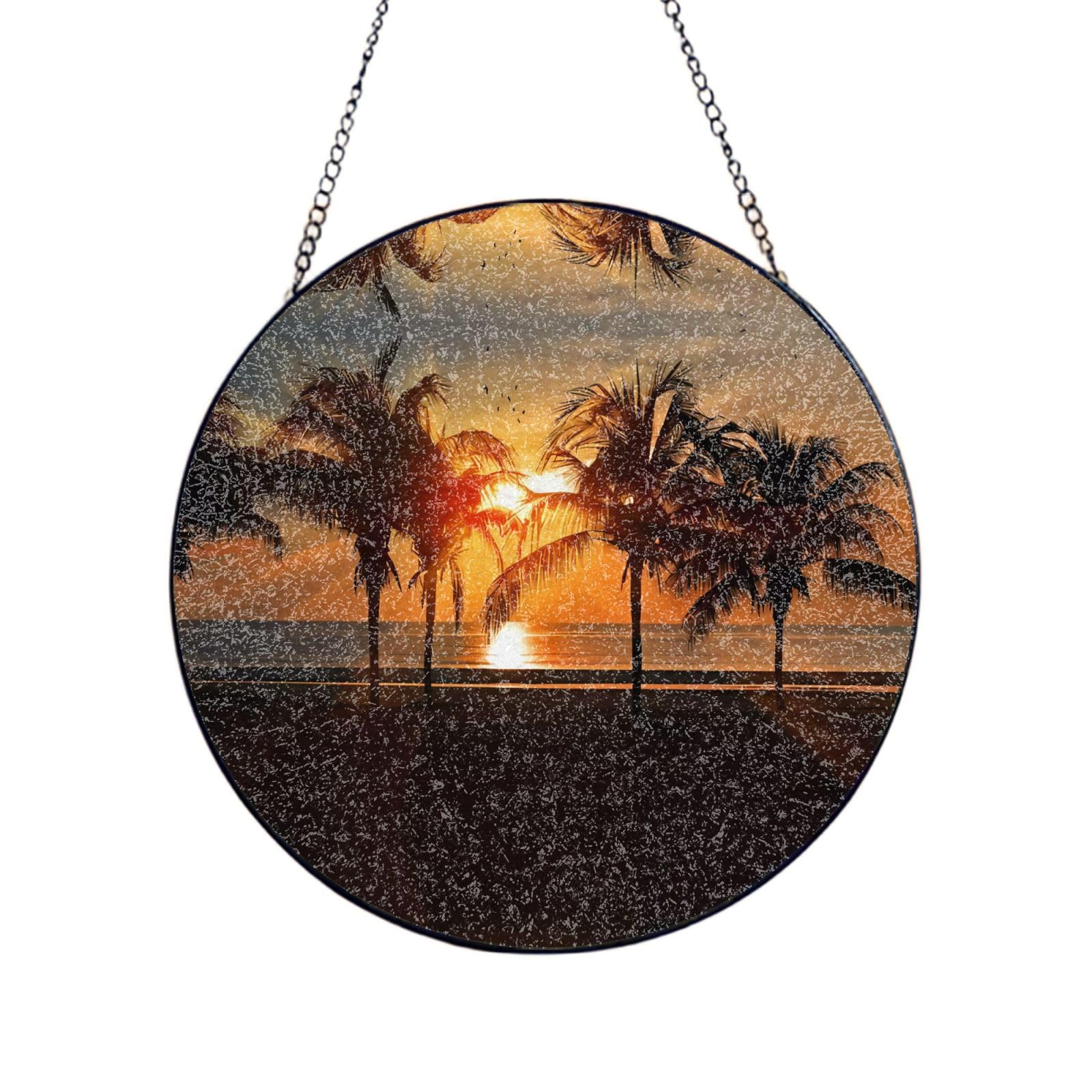 Phayah Dusk Coconut Trees Print Glass Window Hanging Round Suncatcher Glass Ornament Garden Wall Fence Decorations Indoor Outdoor 12in（30cm）