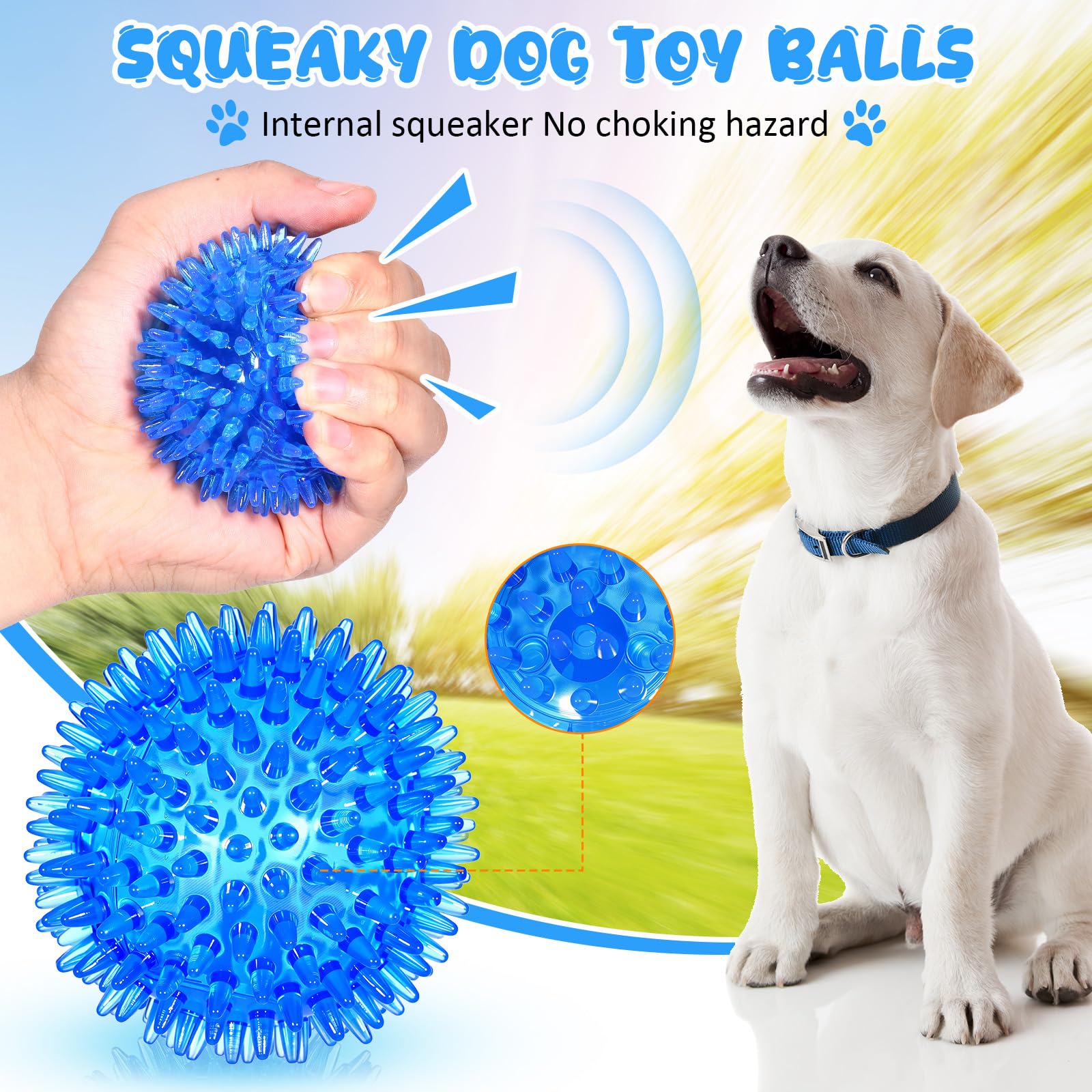 Yunsailing Lot de 24 jouets couineurs pour chien de 6,5 cm - Balles à picots à mâcher pour chiens de petite et moyenne taille - Pour nettoyer les dents et l'entraînement (bleu, vert, orange, violet