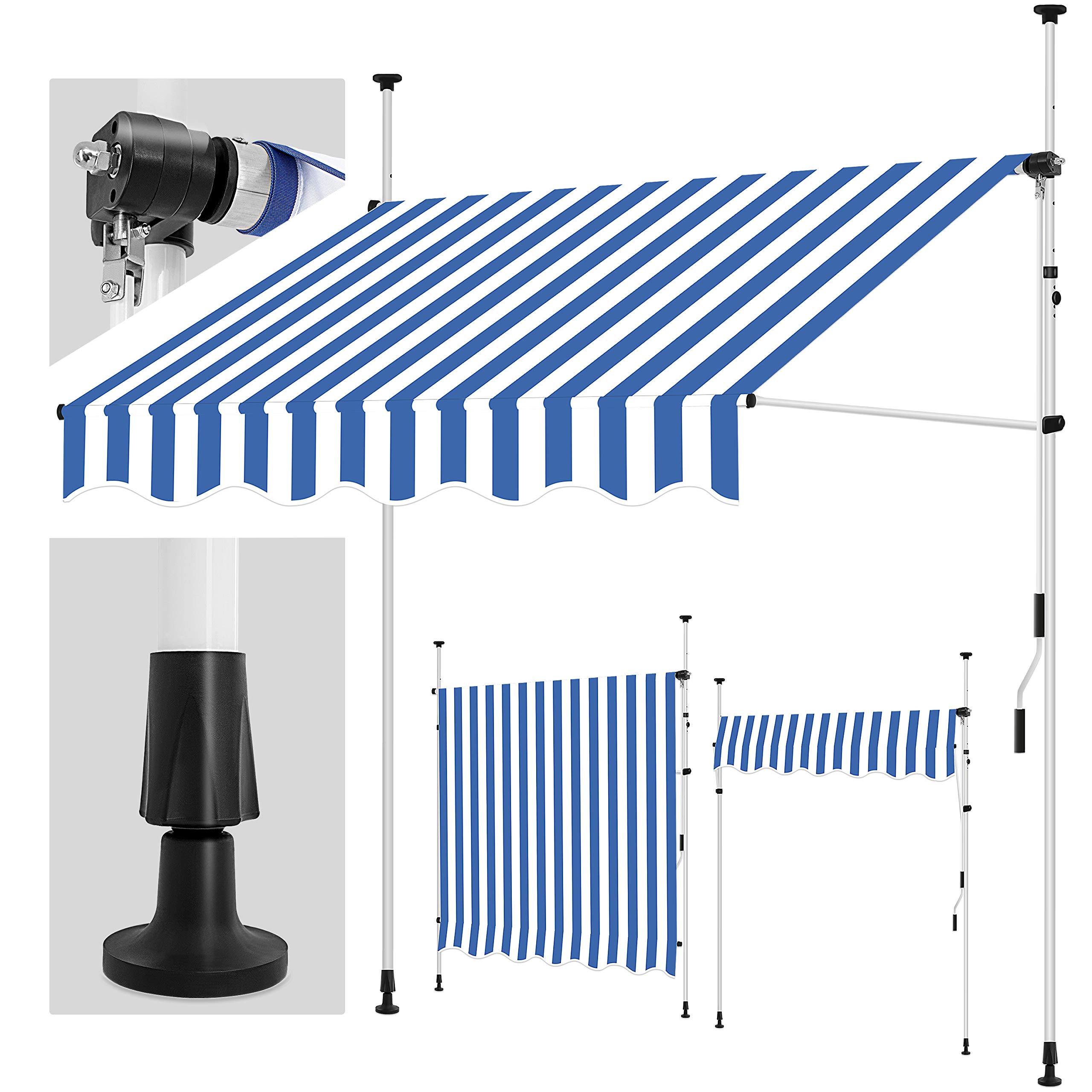 tillvex Markiza z zaciskiem 250 x 180 cm, niebiesko-biała z korbą ręczną | markiza balkonowa bez wiercenia | markiza odporna na promieniowanie UV i z regulacją wysokości | ochrona przed słońcem wodoszczelna